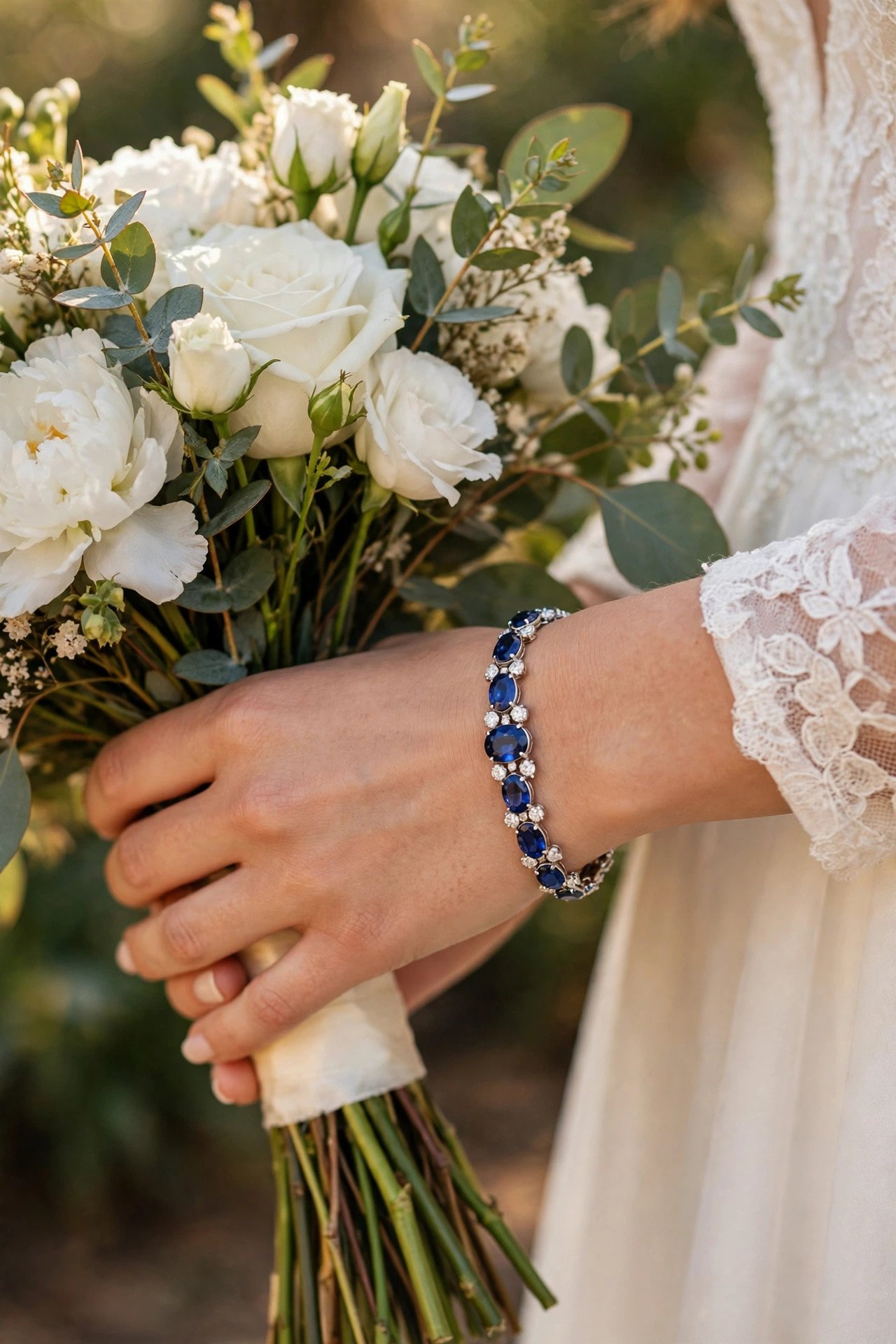 Sapphire and diamond bracelet on bride wrist