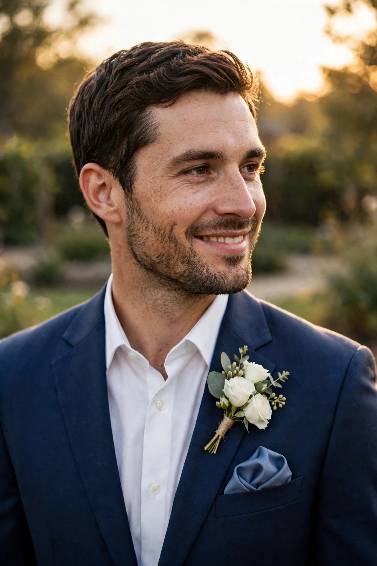 Groom in navy suit with matching pocket square