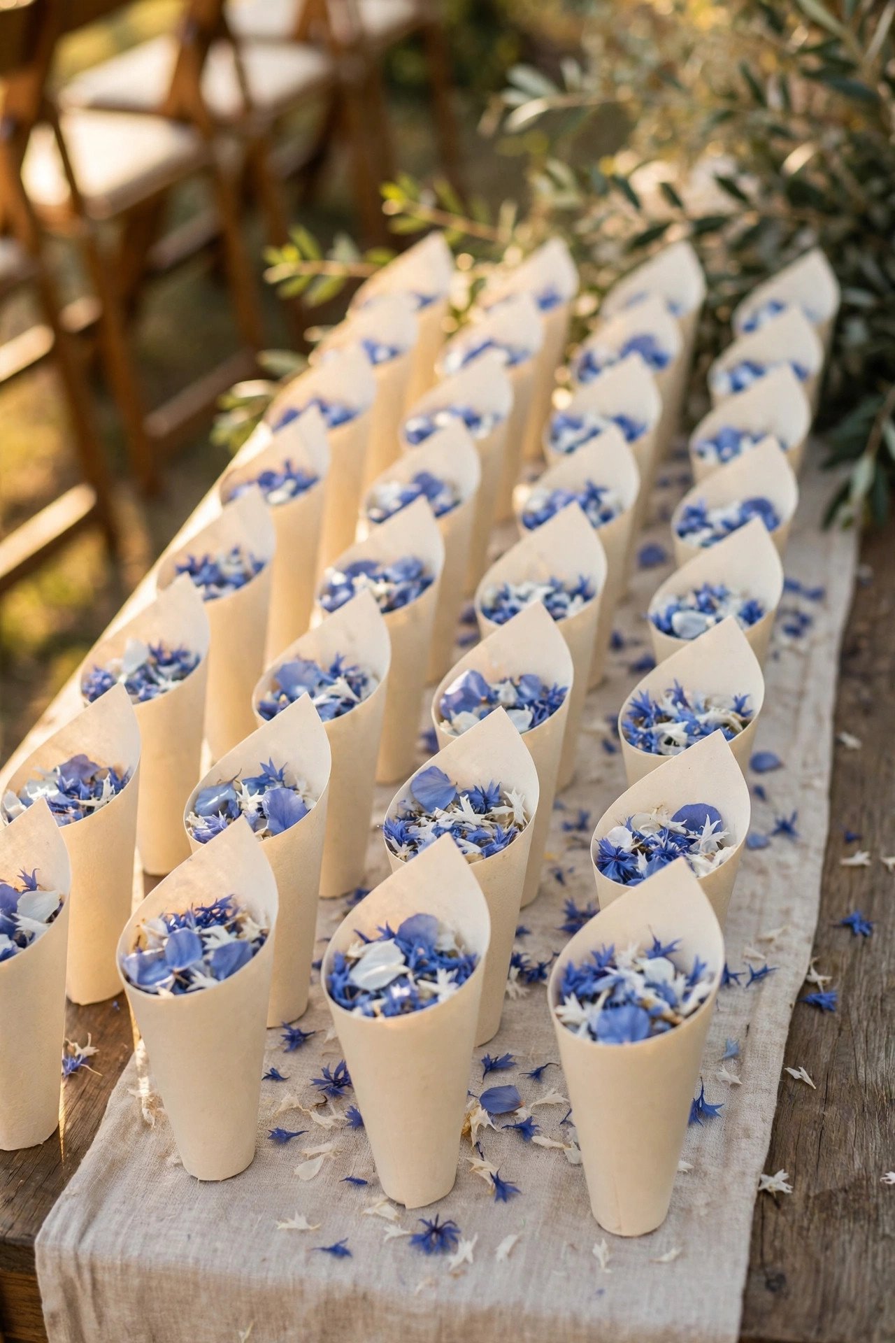 Paper cones filled with blue and white confetti petals