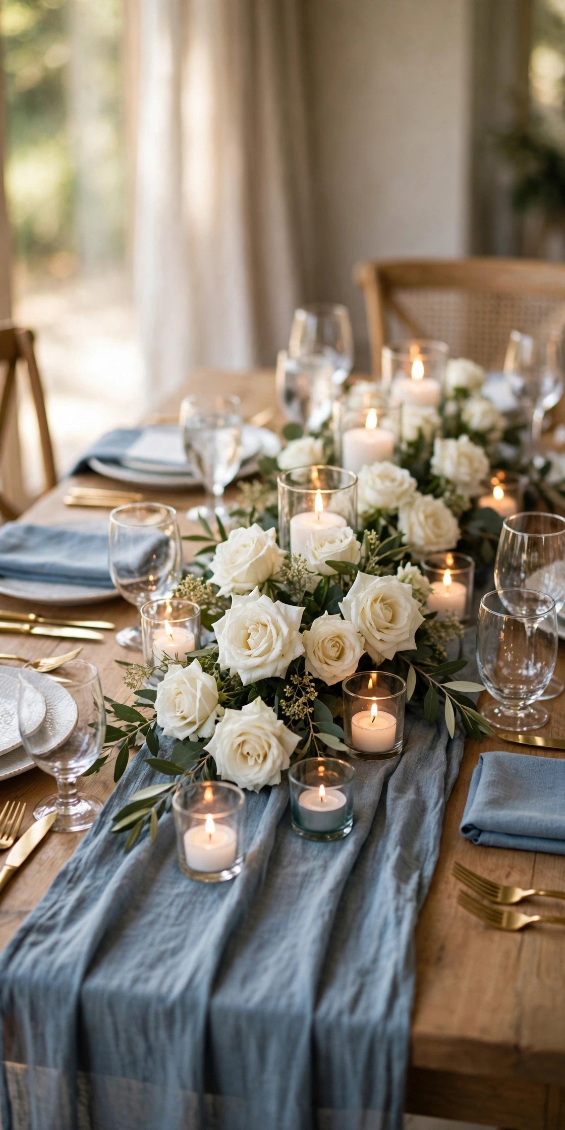 Reception table with dusty blue runner and white flowers