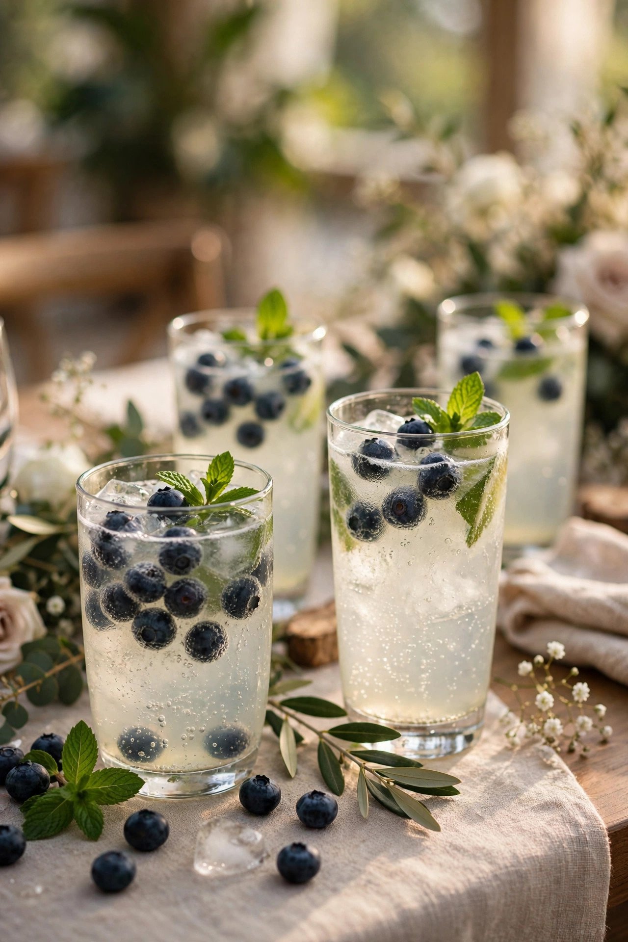 Sparkling lemonade glasses garnished with blueberries