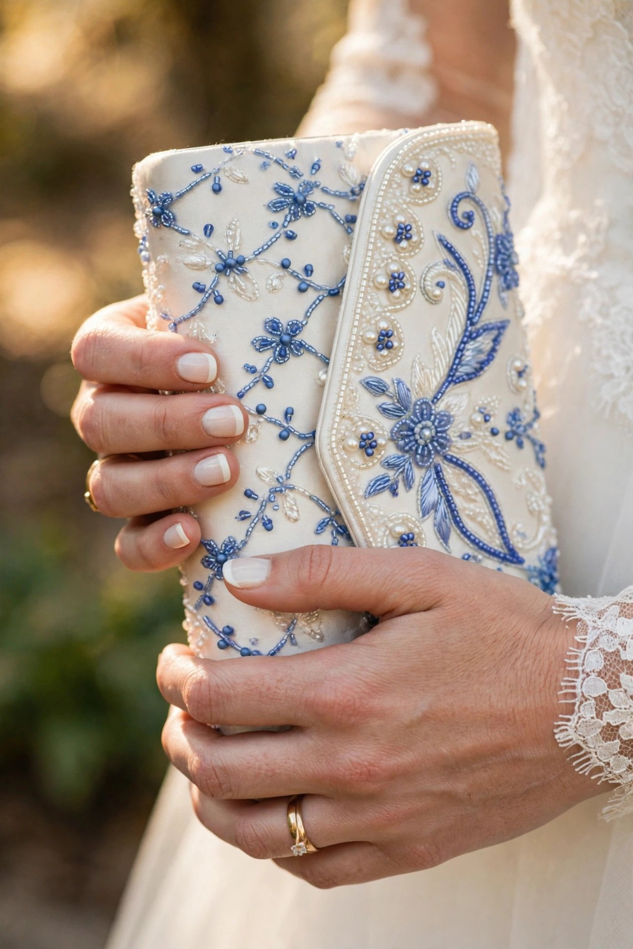 Ivory clutch with blue beading held by the bride
