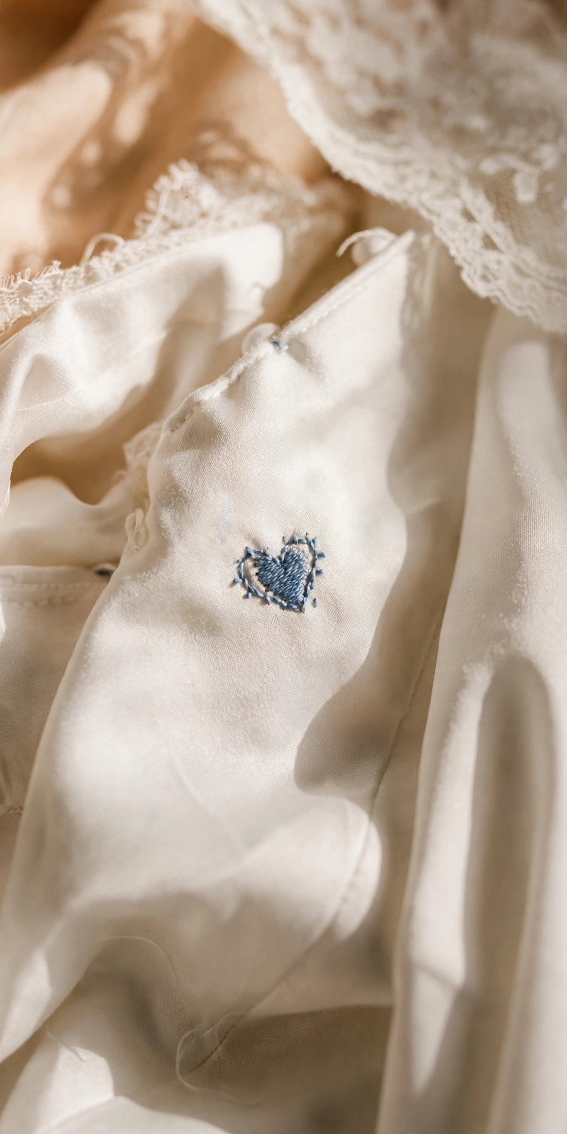 Small blue heart patch sewn inside a wedding dress