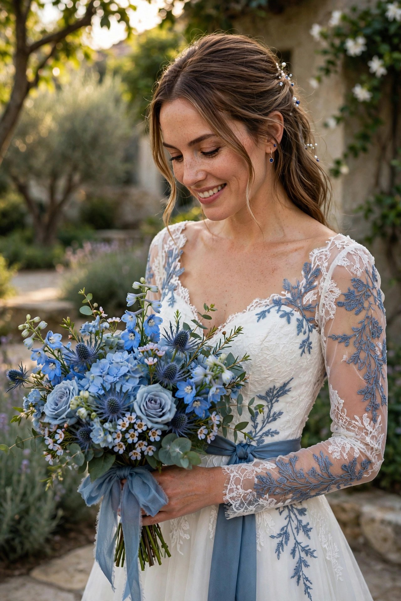 Bride showcasing 30 something blue wedding ideas inspiration for a 2027 wedding