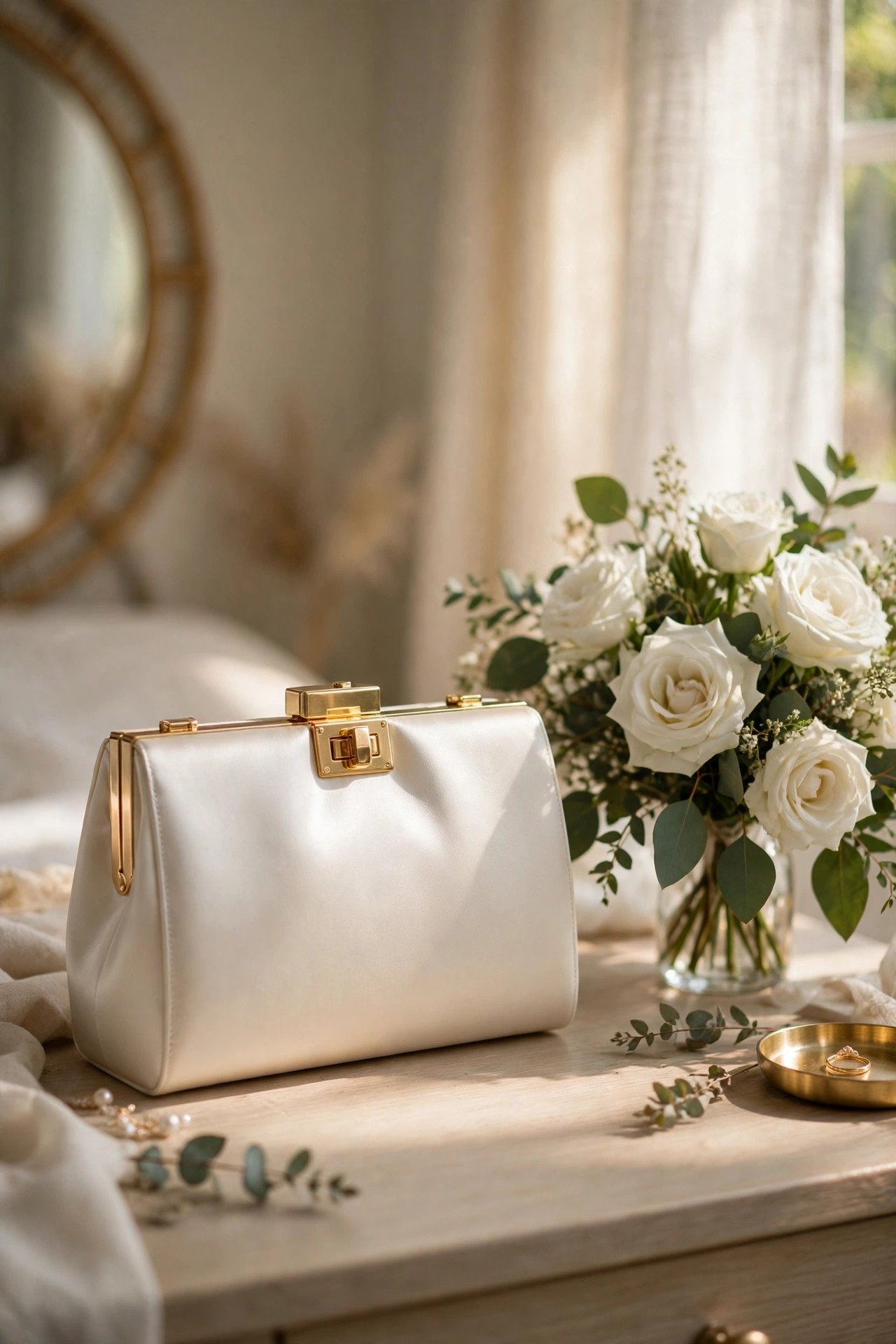 Structured ivory satin box clutch with gold clasp