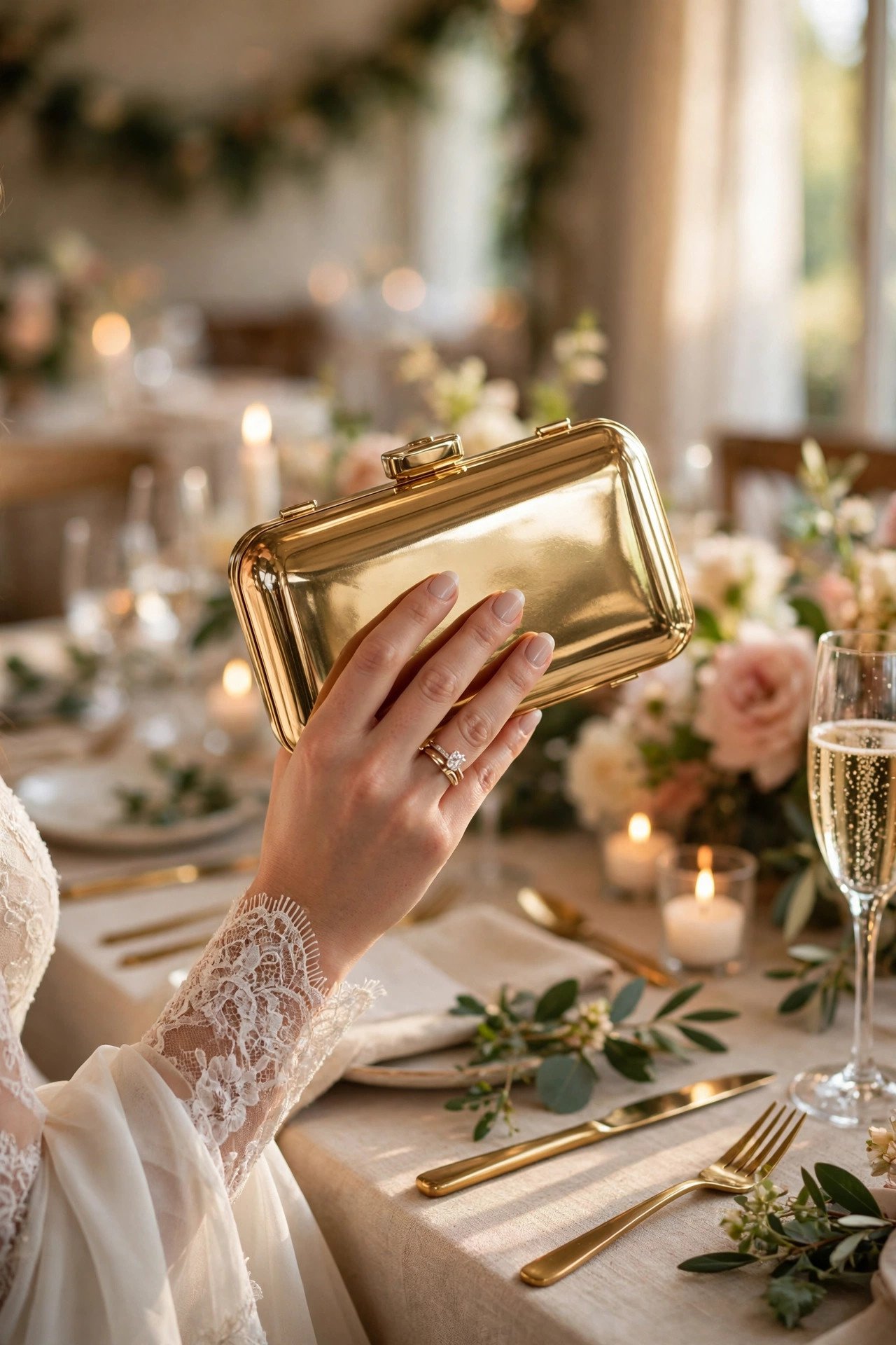 Gold metallic minaudiere clutch held at a reception