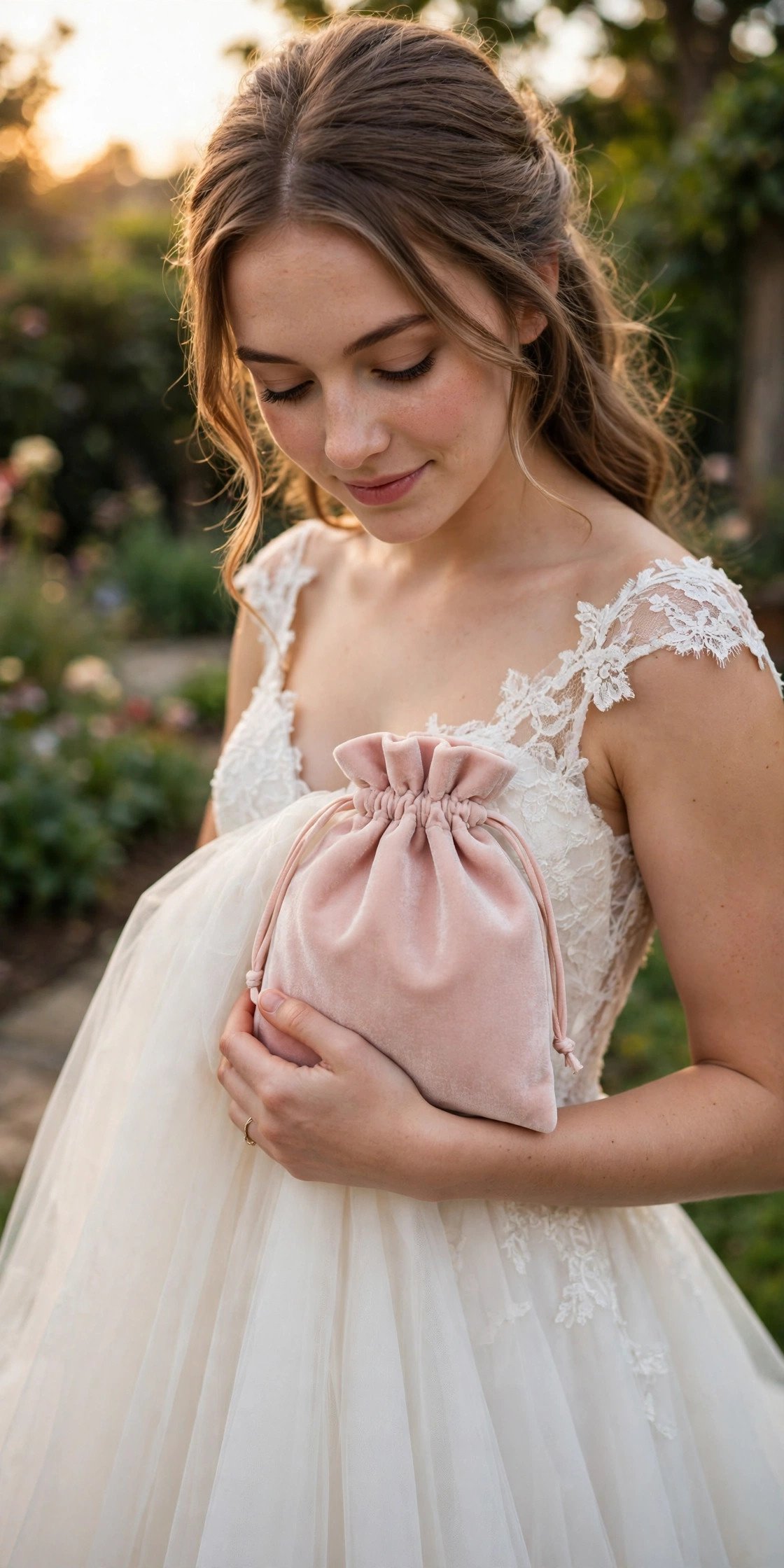 Soft blush velvet pouch clutch with drawstring