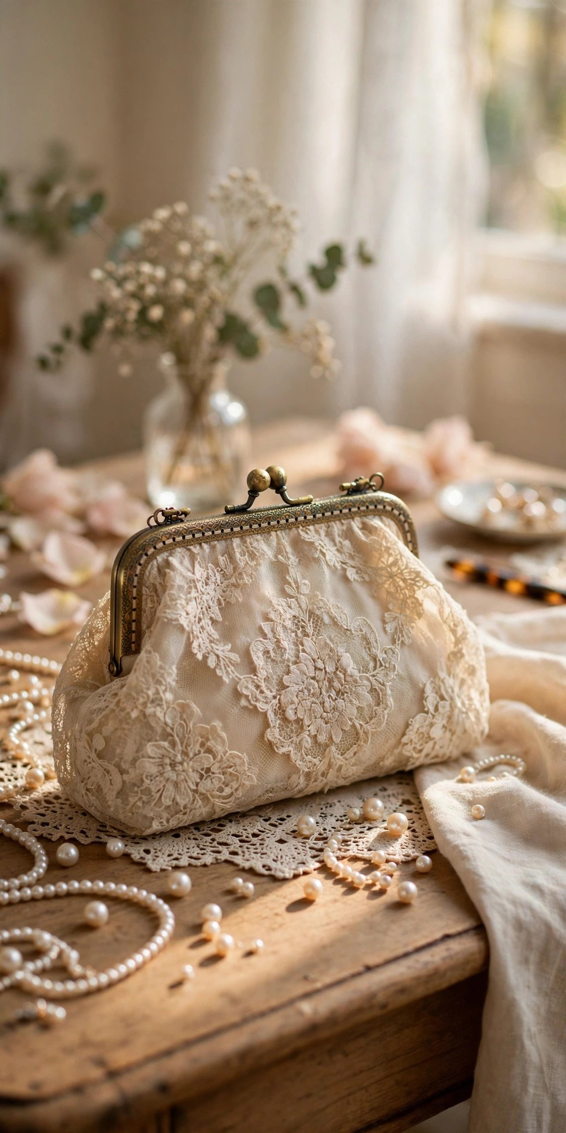 Antique-style lace clutch with a kiss-lock frame