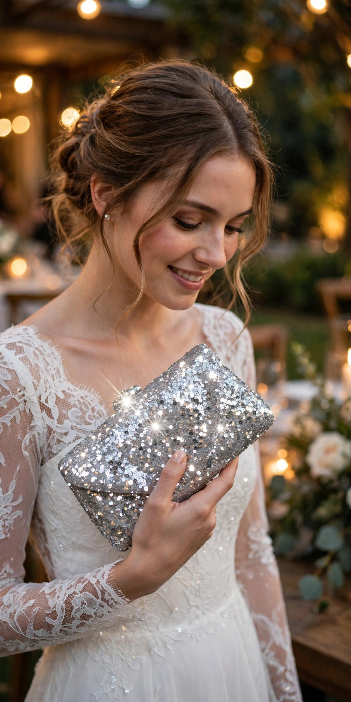 Silver sequin clutch sparkling under evening lights