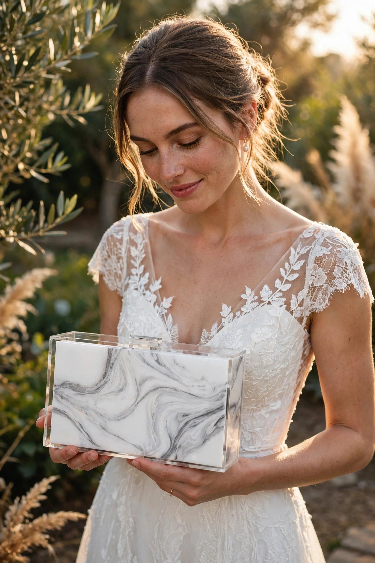 Marble-effect acrylic box clutch in white and grey