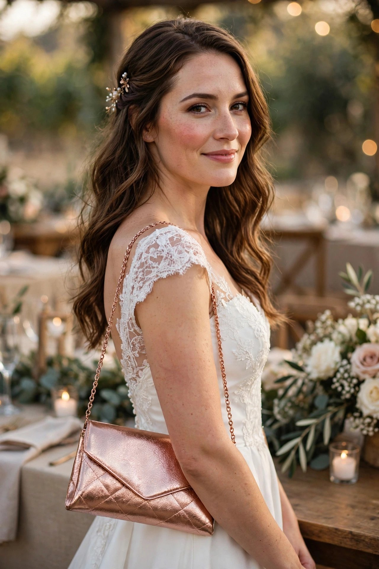 Rose gold clutch with chain strap over shoulder