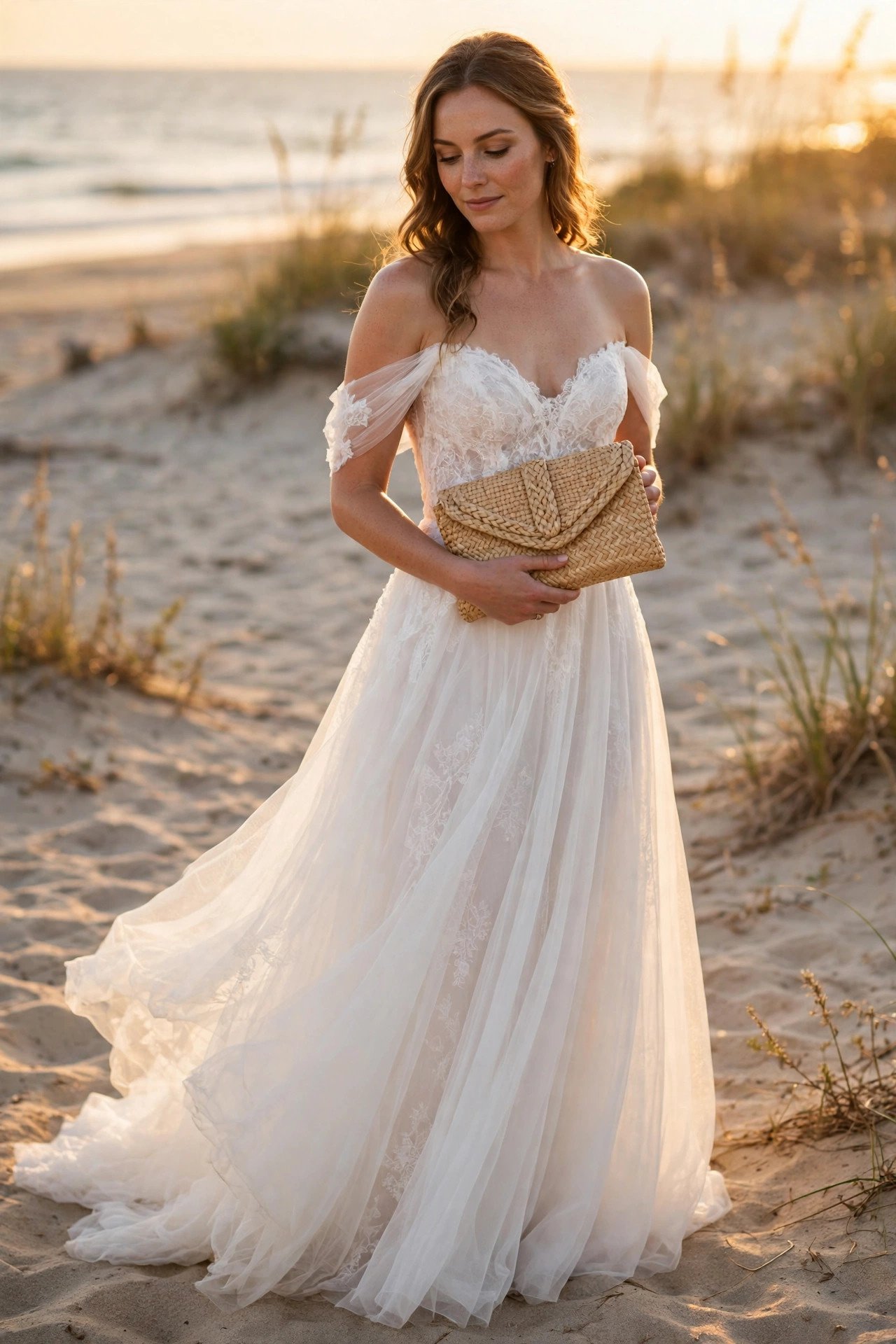 Woven straw clutch for a beach wedding