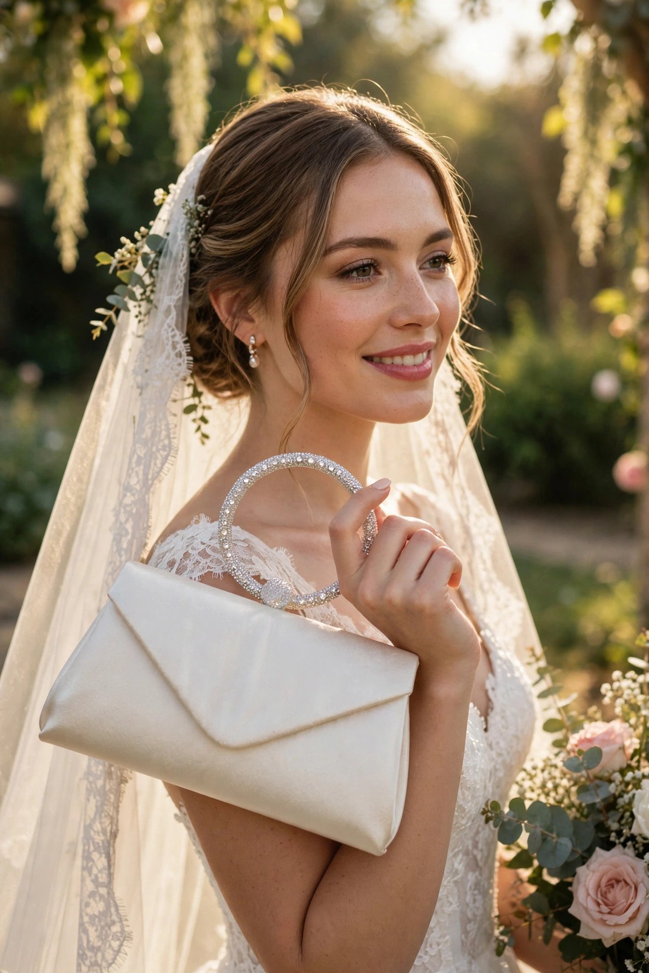 Clutch with a circular rhinestone handle