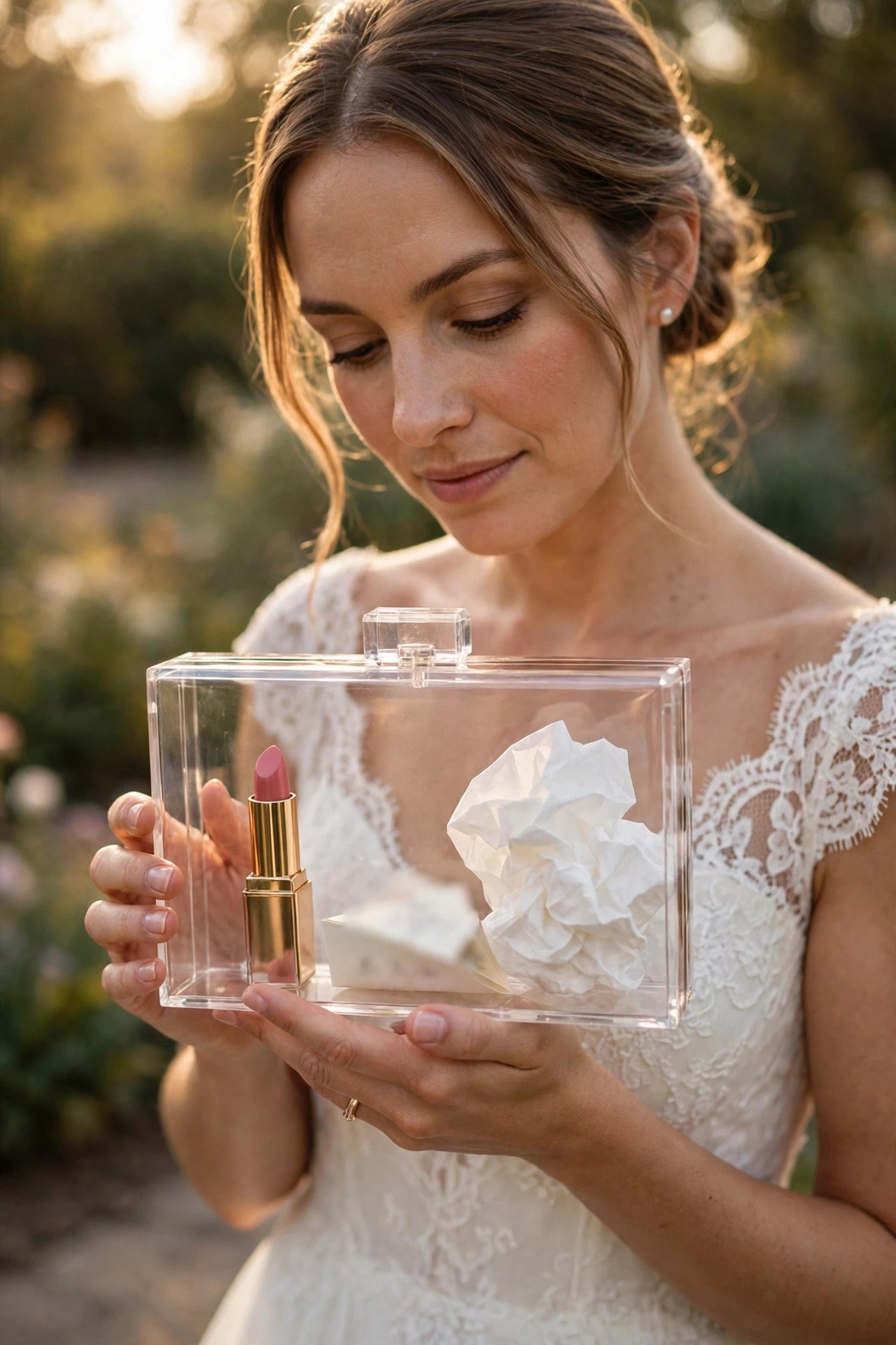 Clear clutch showing lipstick and a handwritten note inside