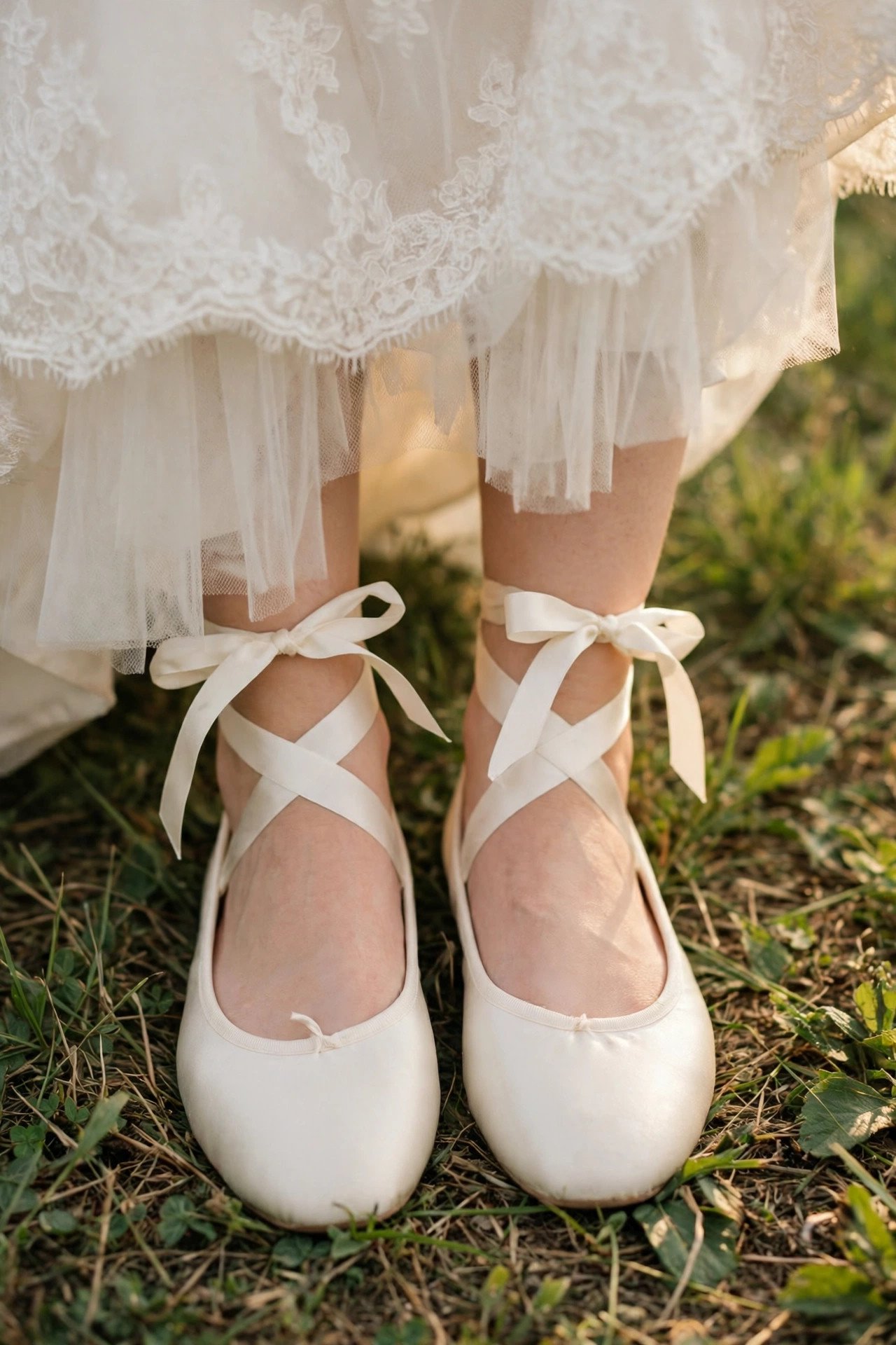 Ivory ballet flats with ribbon ties for a bride