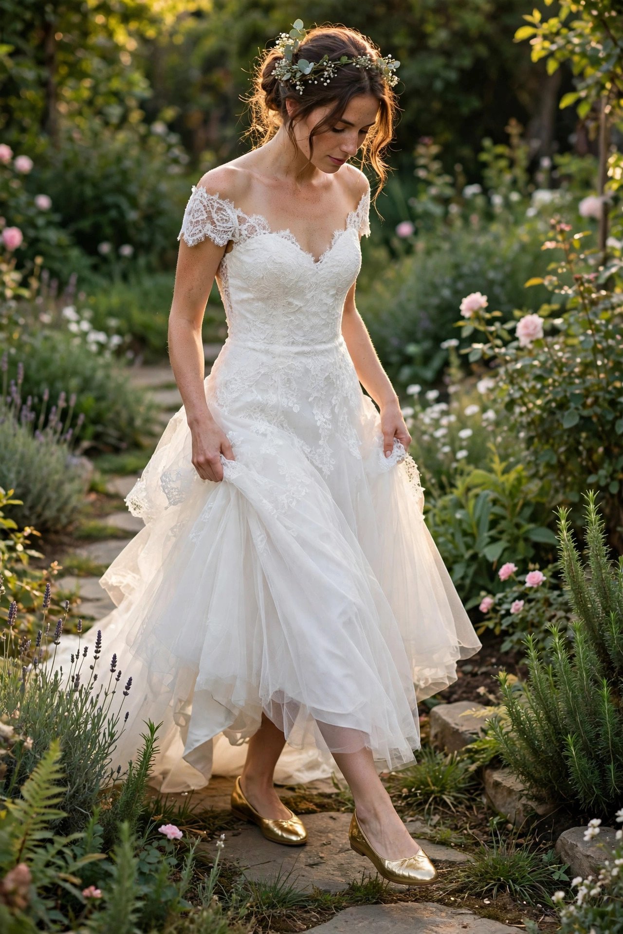 Gold metallic flats worn with a wedding dress