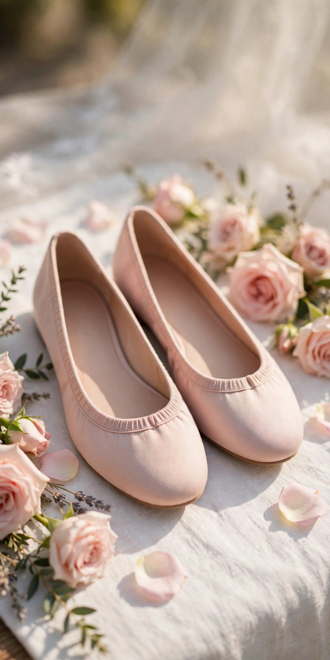 Blush pink ballet flats with elastic trim
