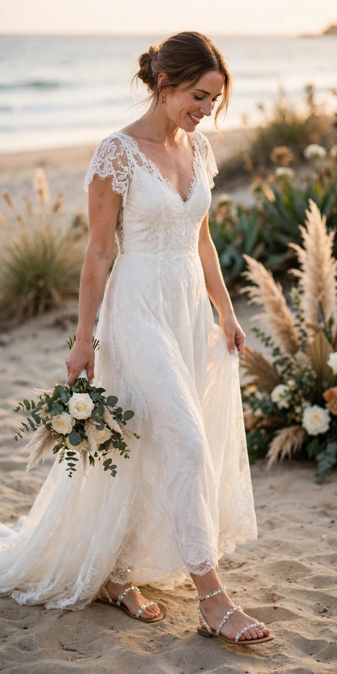 Flat sandals with crystal straps for a bride