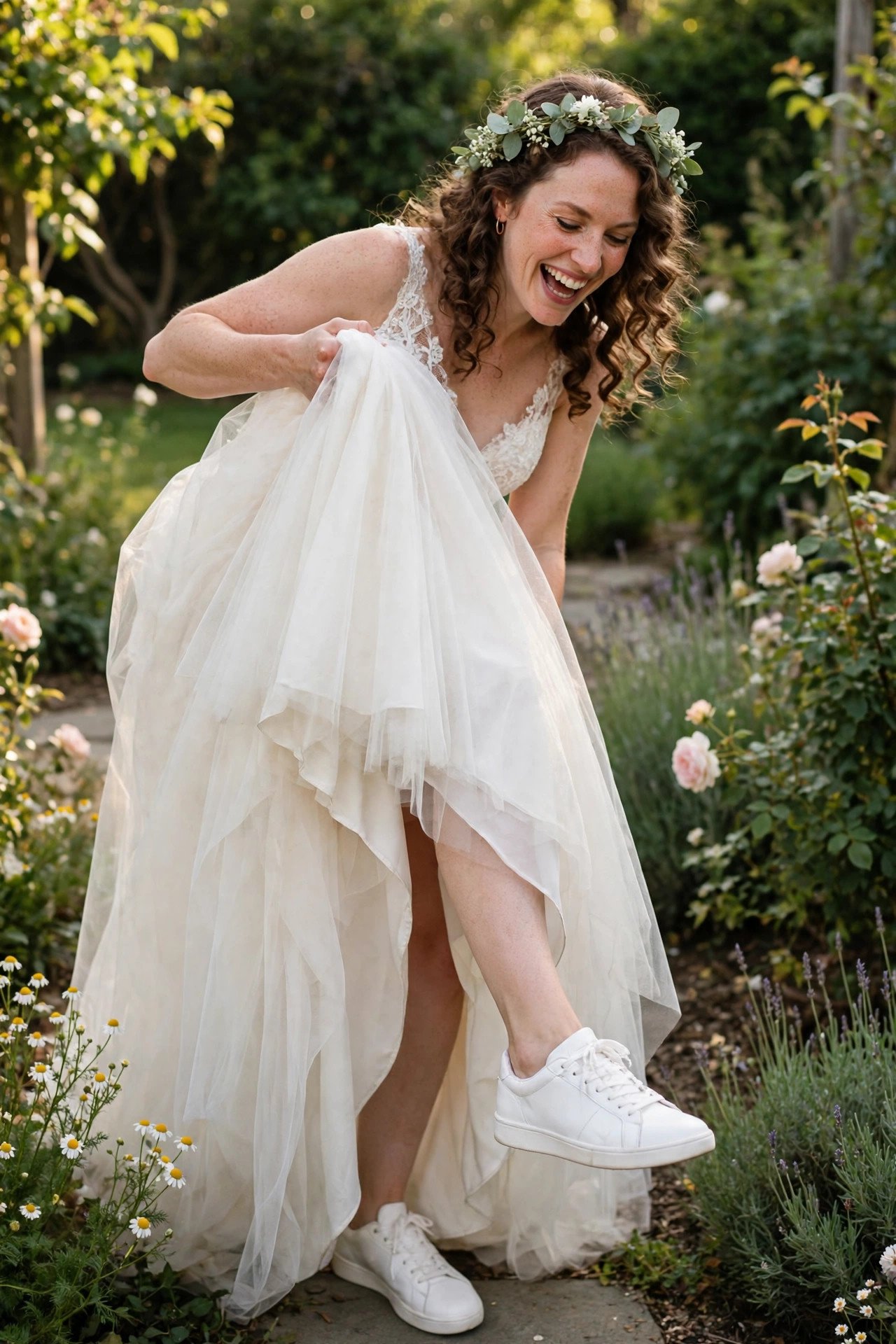 Clean white sneakers styled with a wedding gown