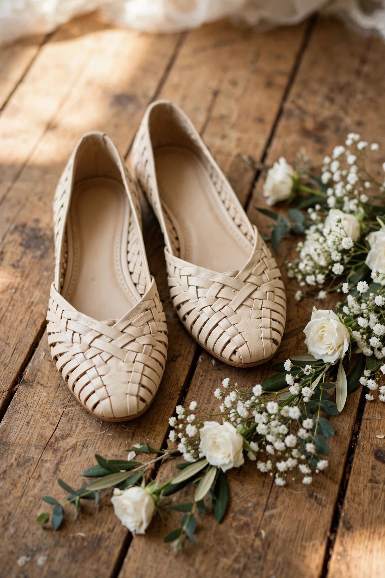 Woven leather flats in a soft cream tone