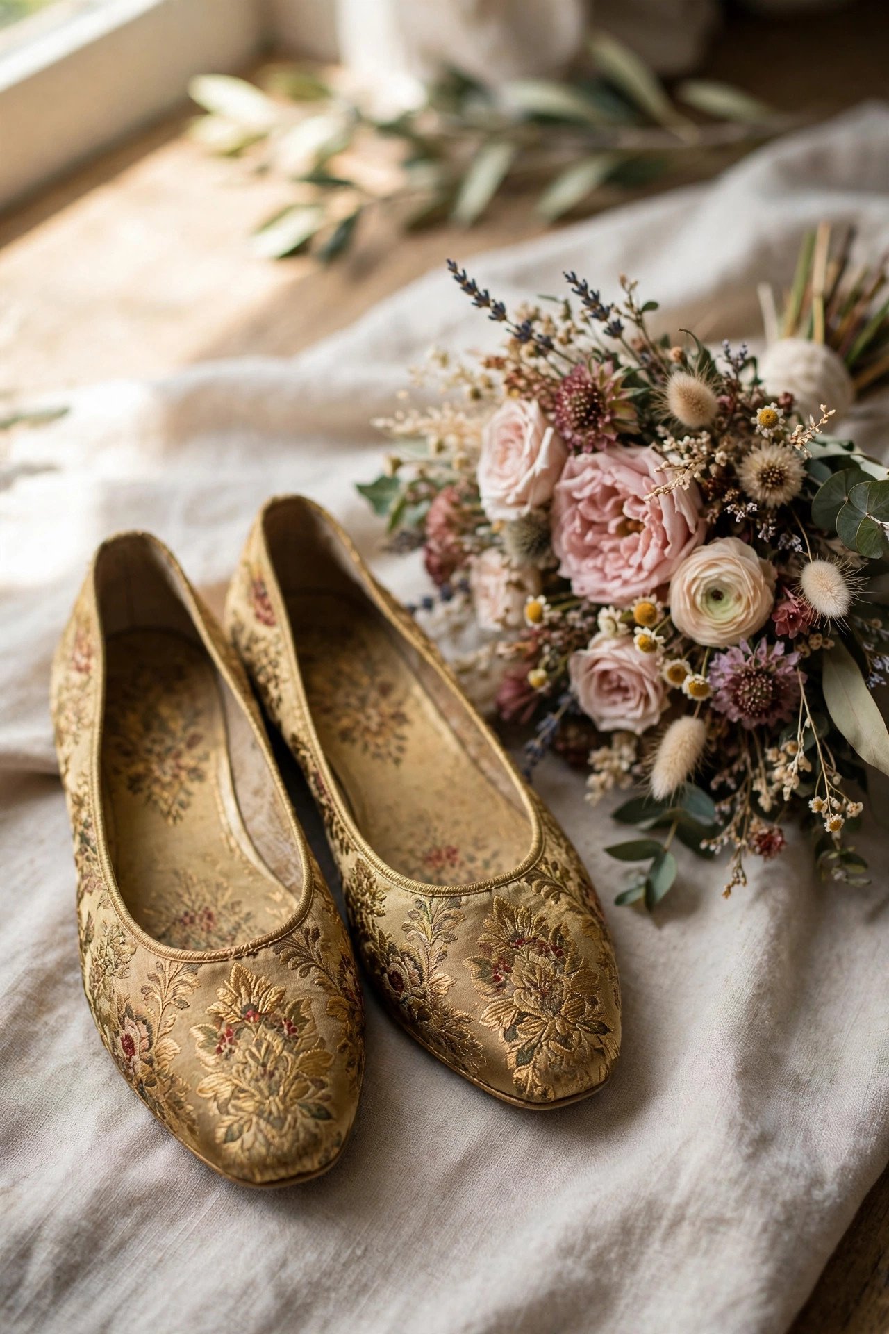Brocade fabric flats with a vintage pattern