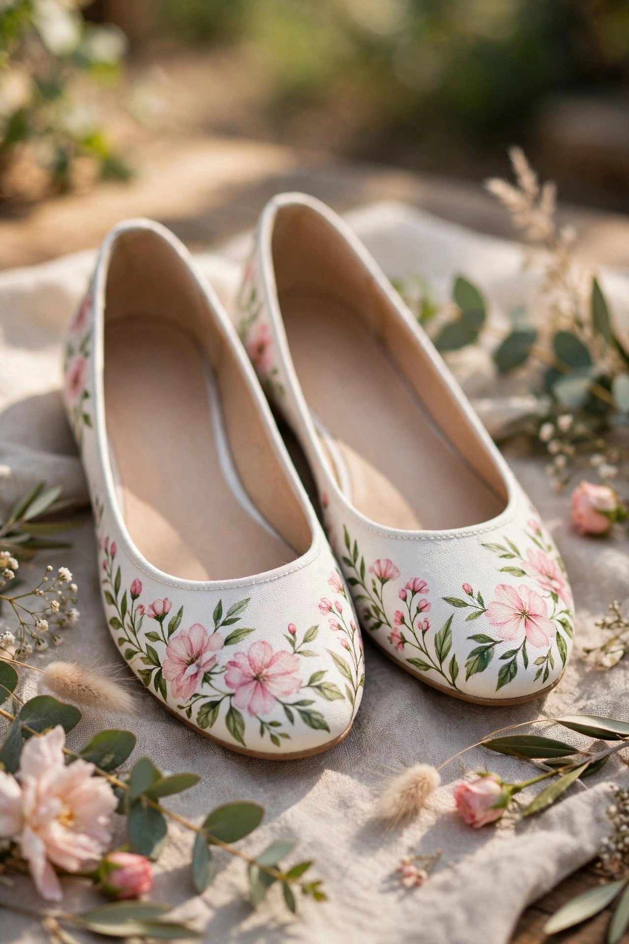 Hand-painted flats with flowers and wedding date