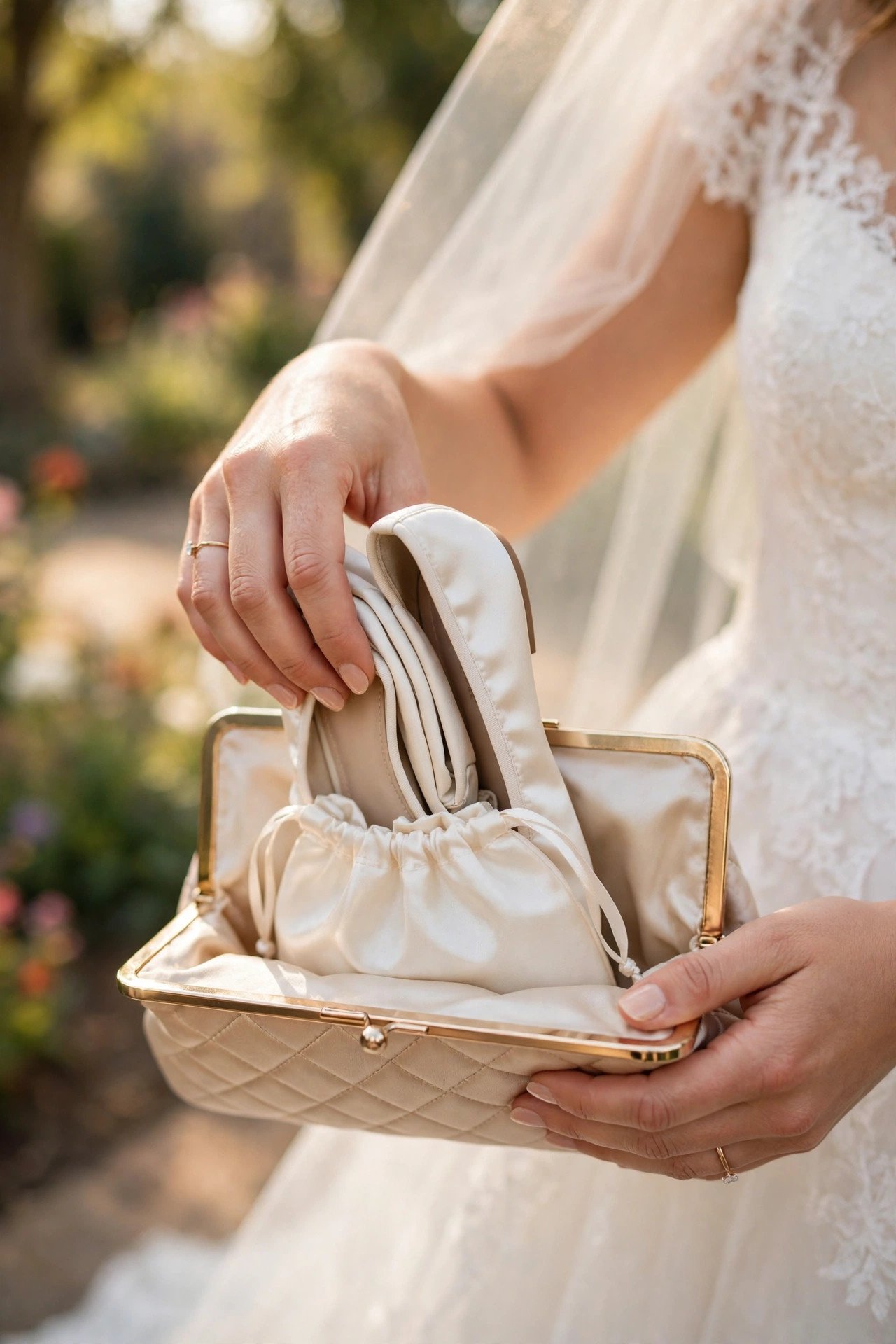 Foldable flats in a small pouch for a handbag