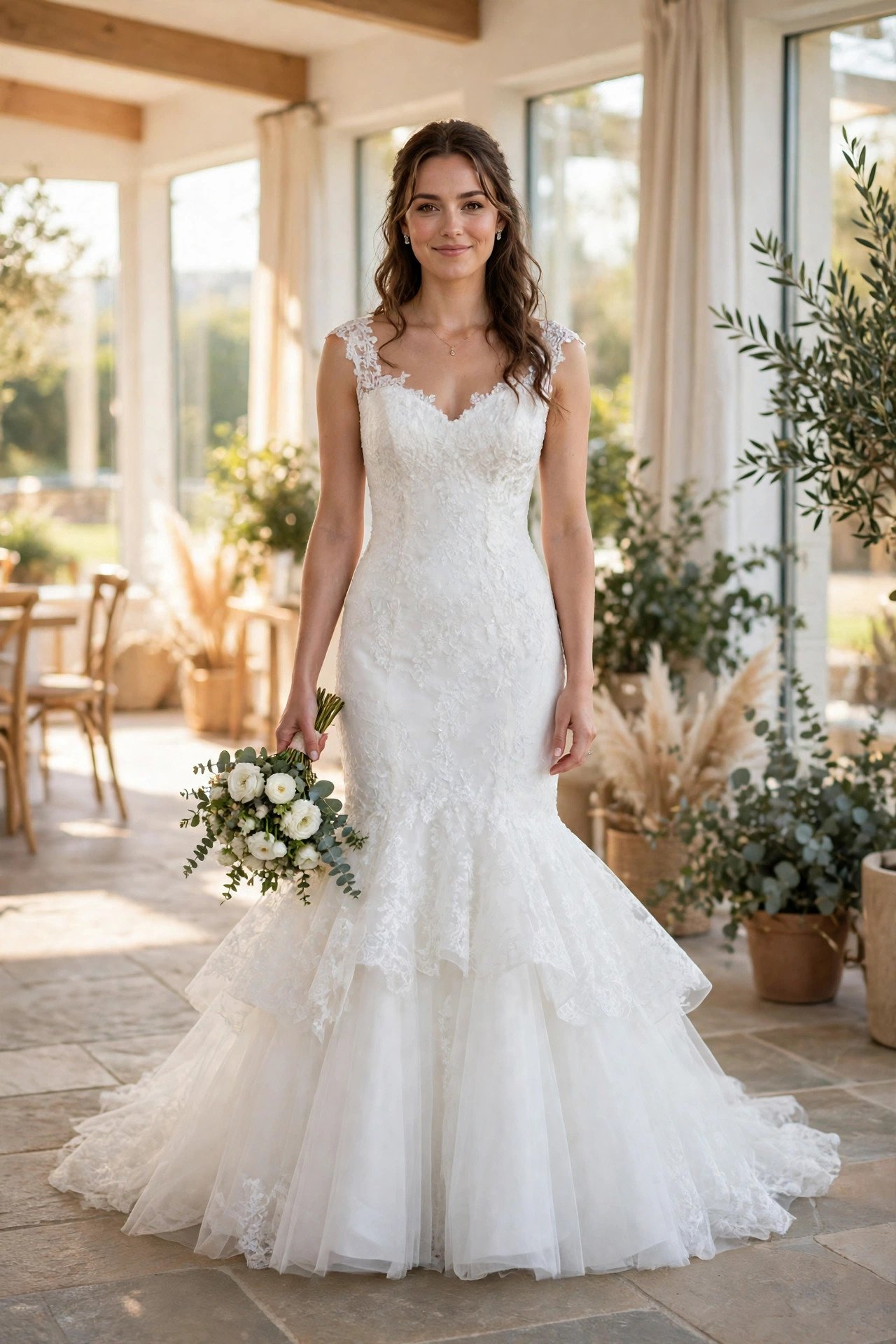 Bride in a trumpet gown flaring at mid-thigh