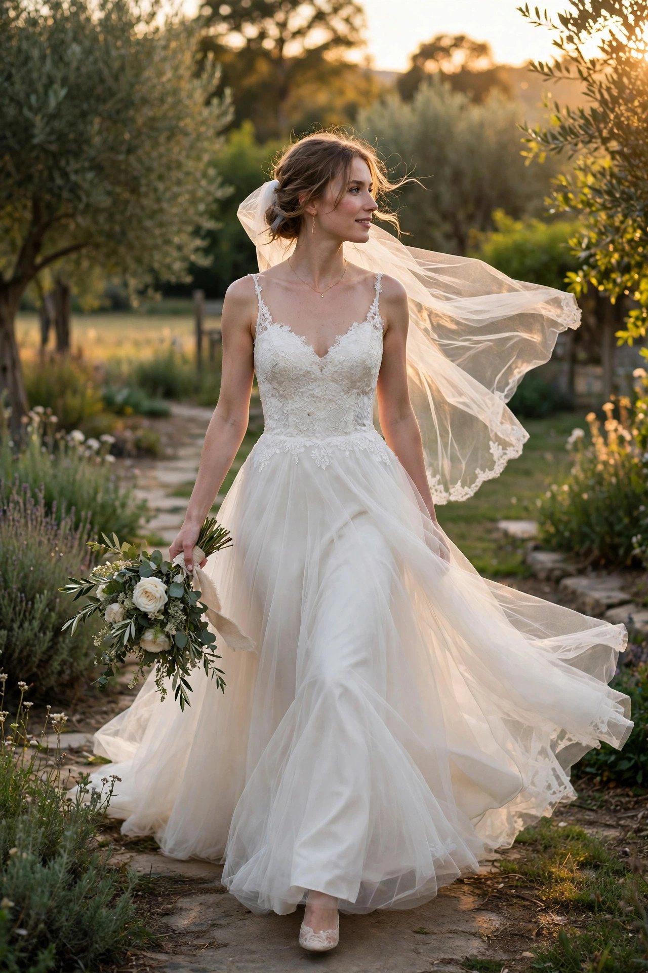 Bride in a fit and flare gown with soft flare
