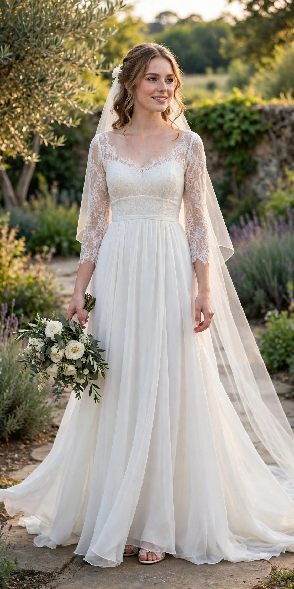 Bride in an empire waist gown with high waistline