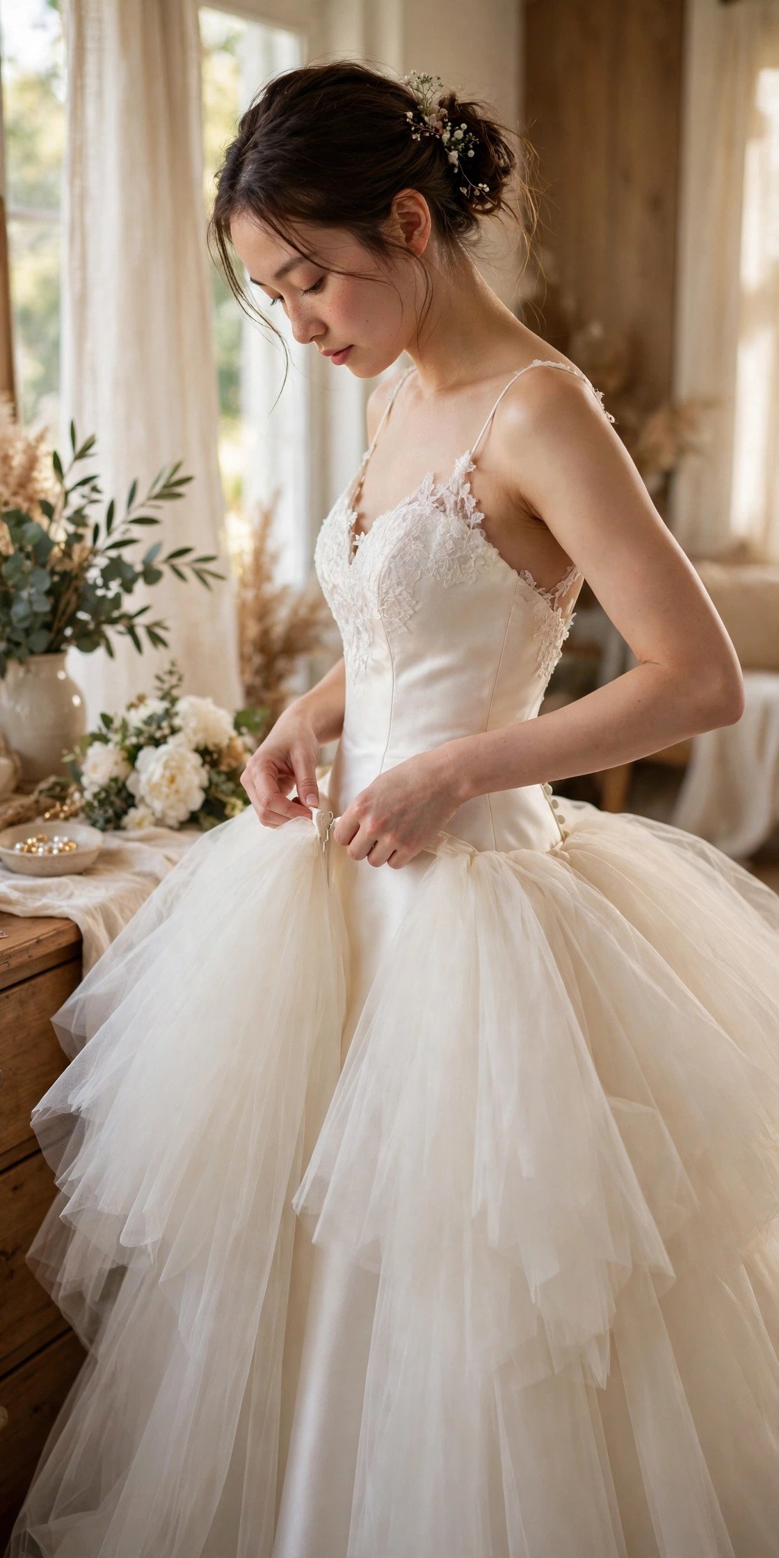 Bride adding a detachable overskirt to a fitted dress