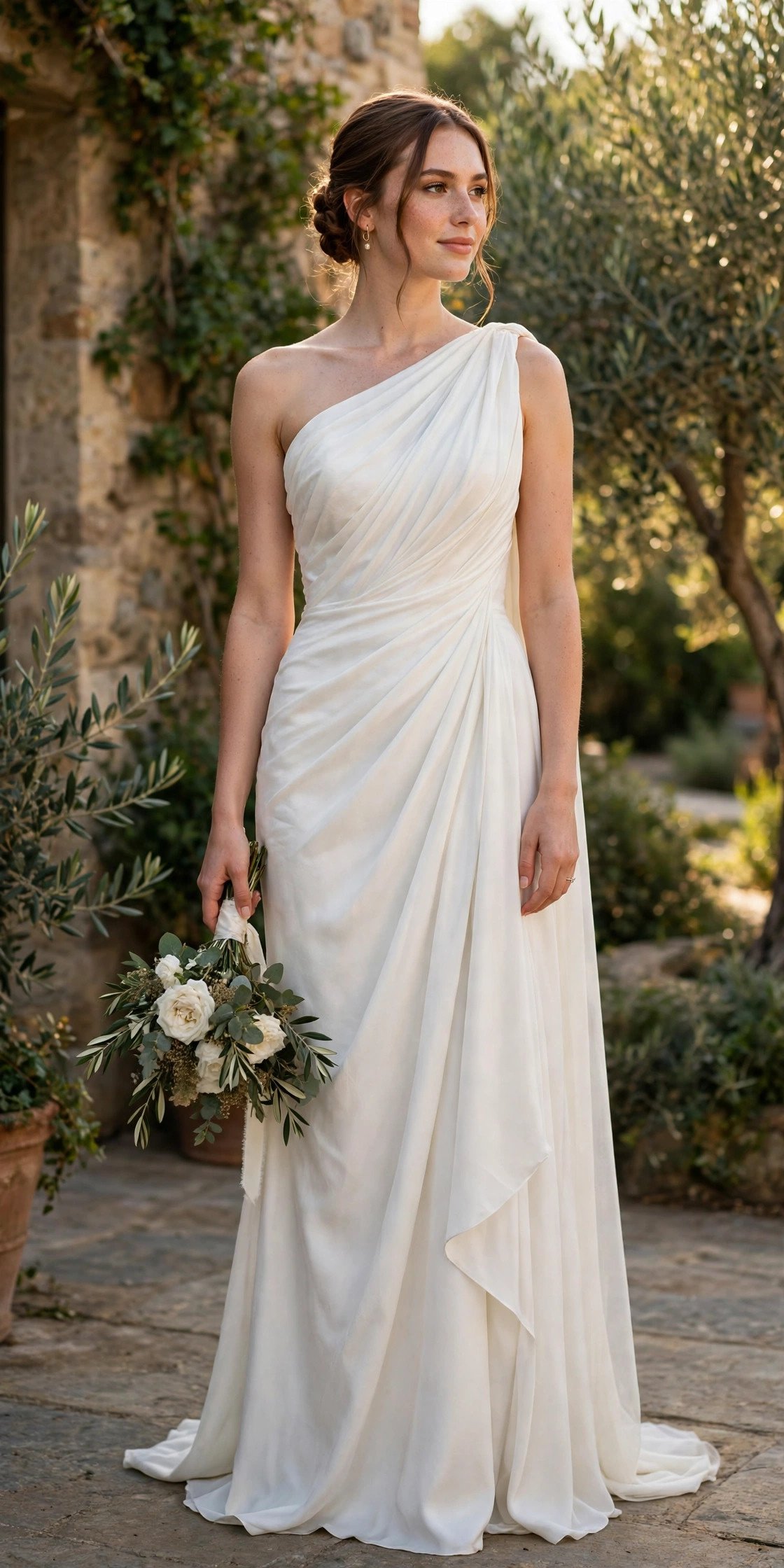 Bride in a one-shoulder asymmetrical gown