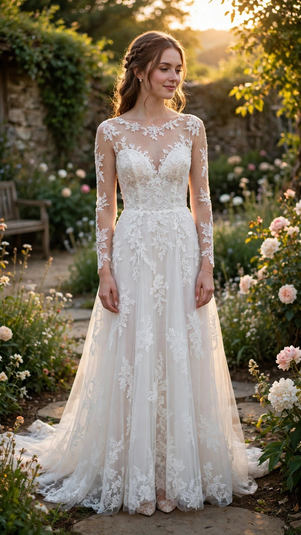 Bride in an illusion neckline gown with lace