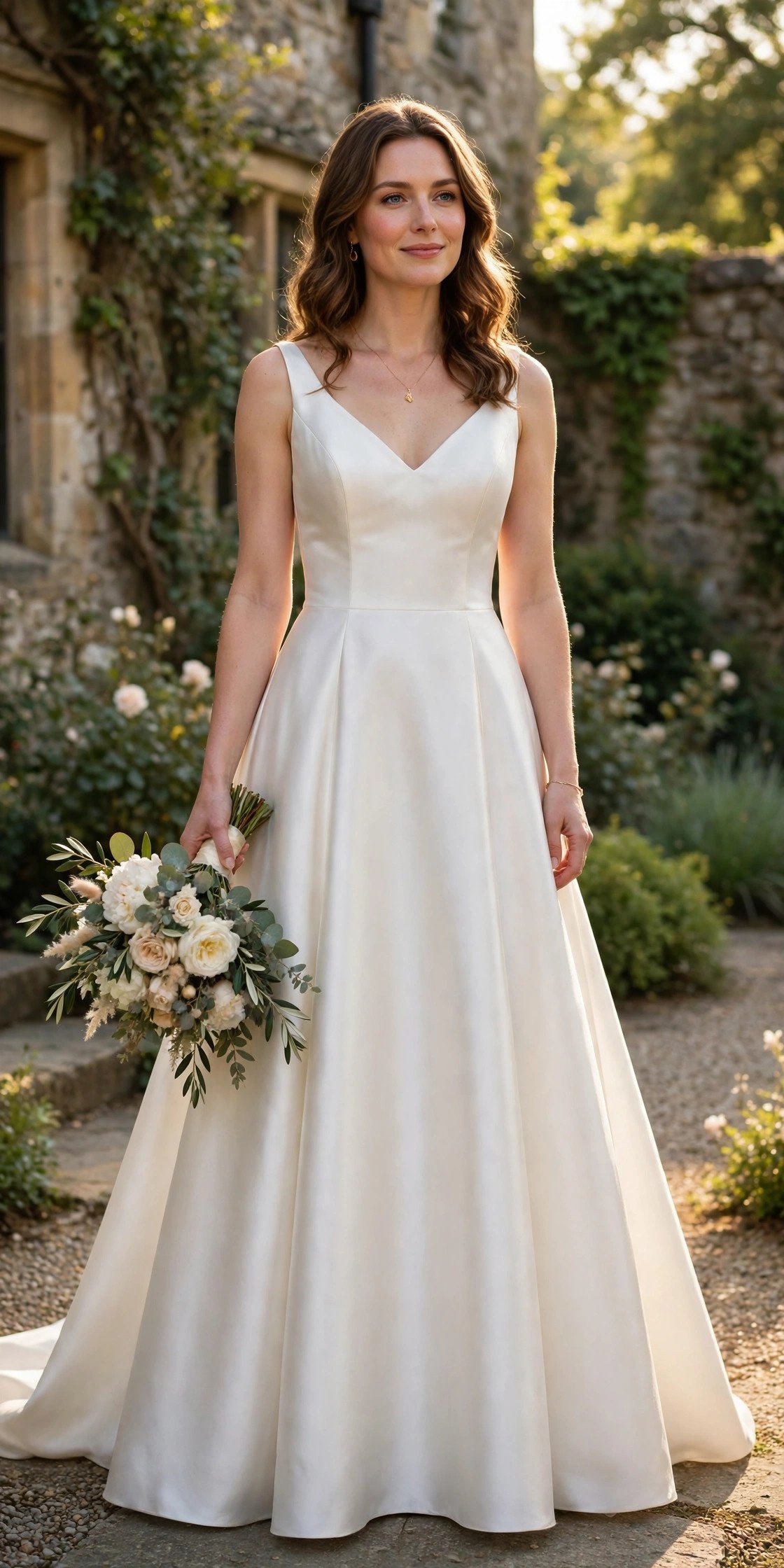 Bride in a classic satin A-line gown