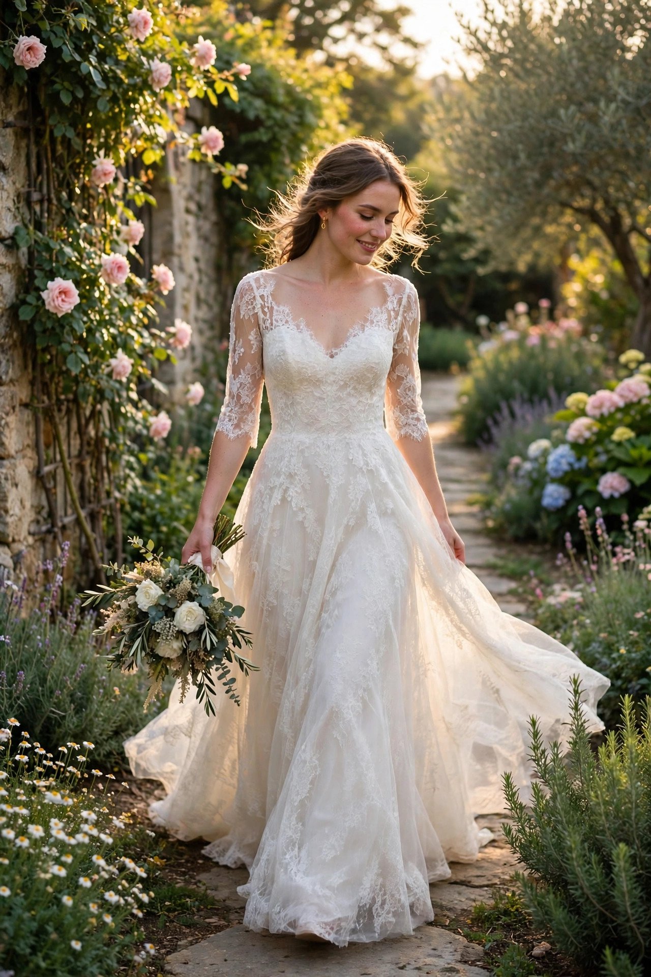 Lace A-line gown with soft flowing skirt
