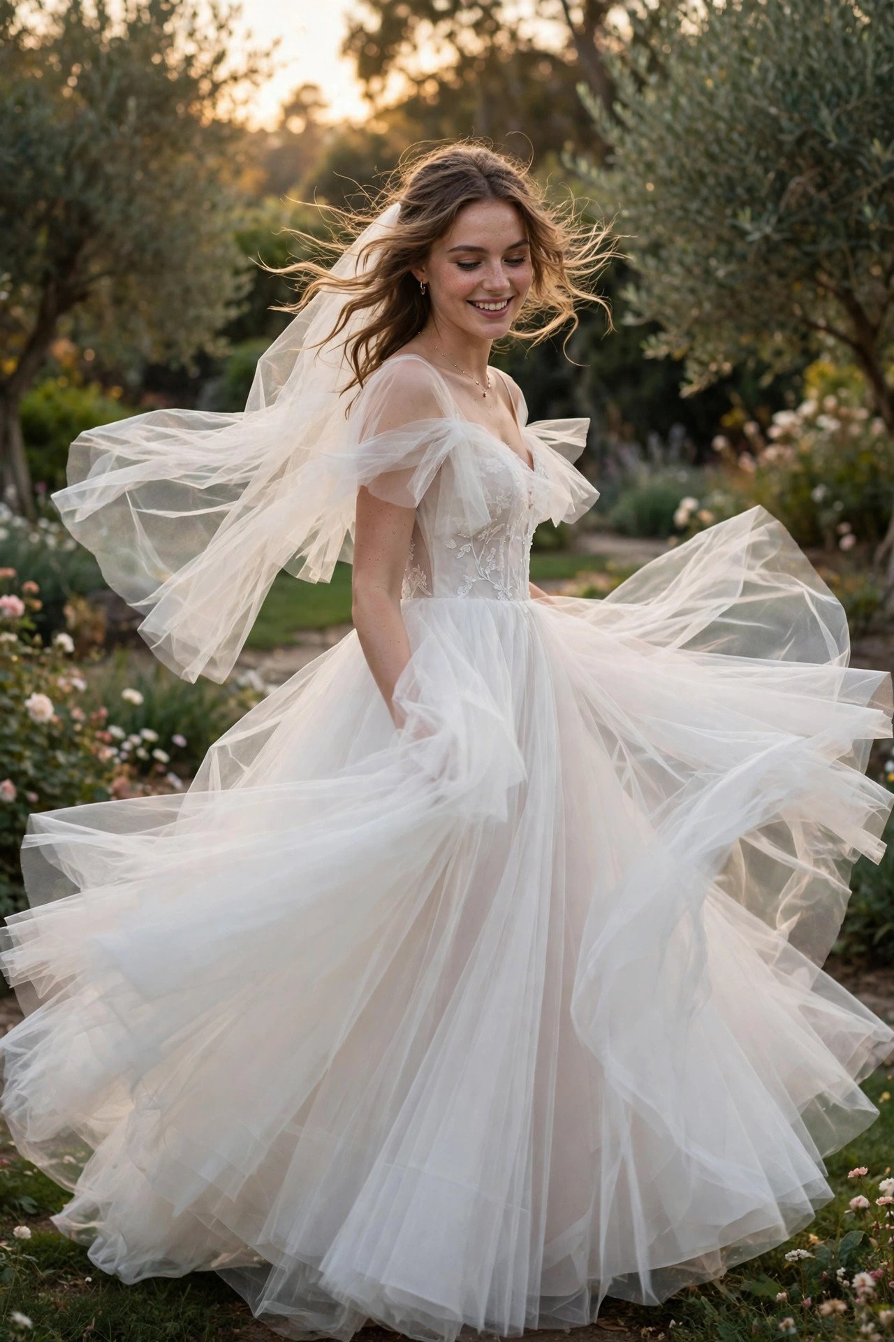 Soft tulle A-line gown with layered skirt