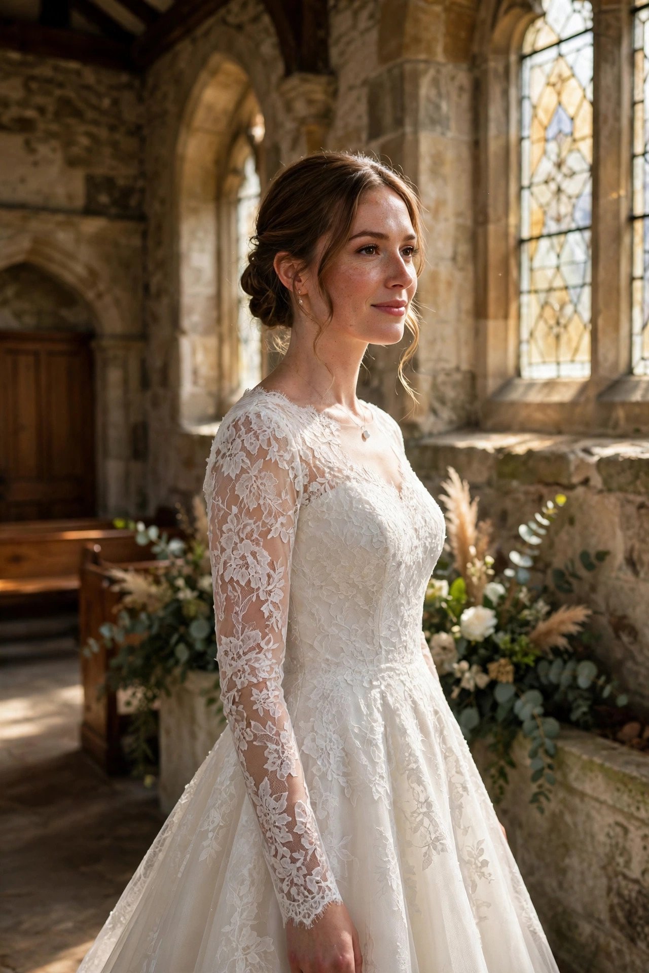 Long sleeve lace A-line gown