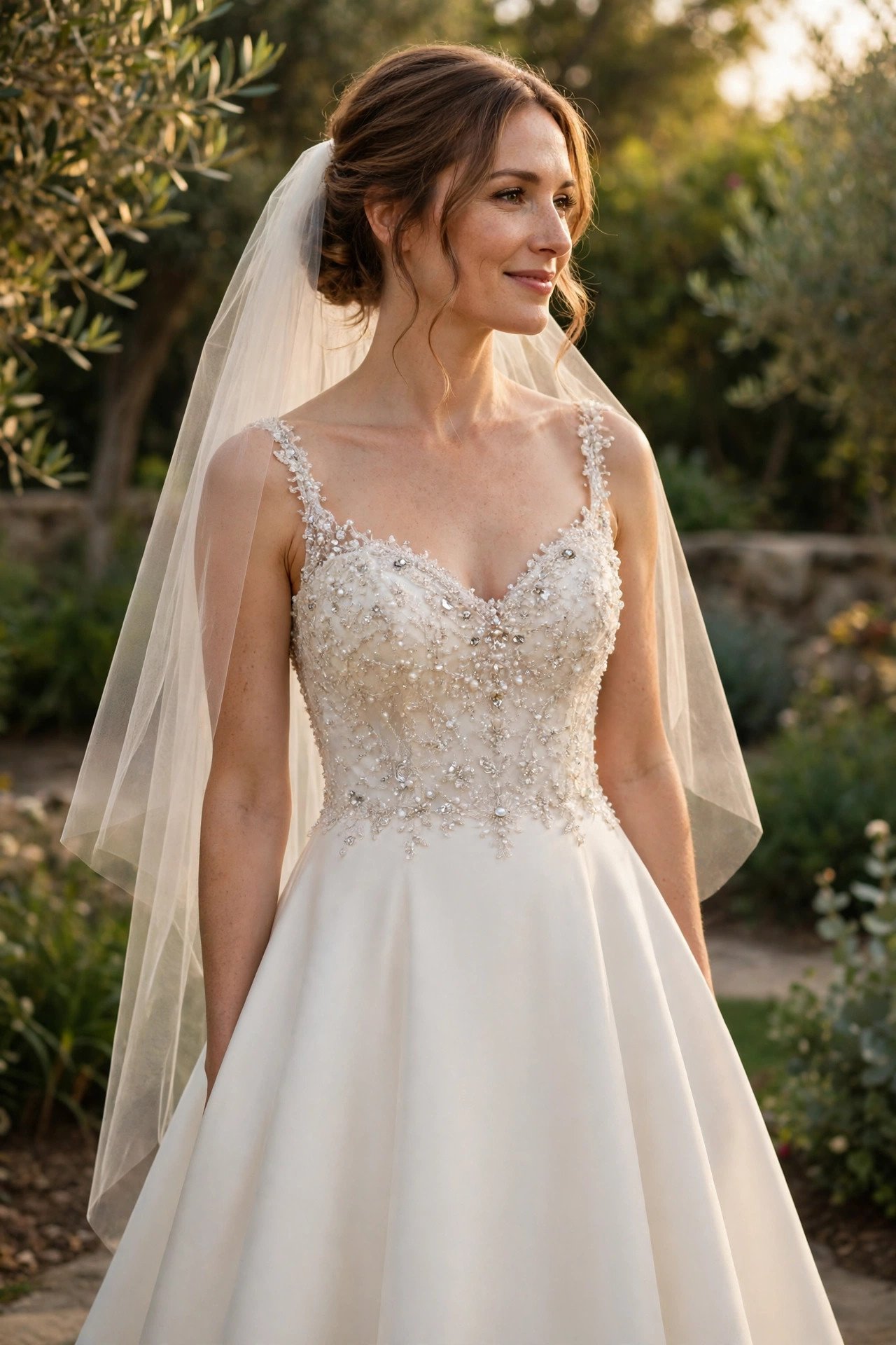Beaded bodice A-line gown with plain skirt