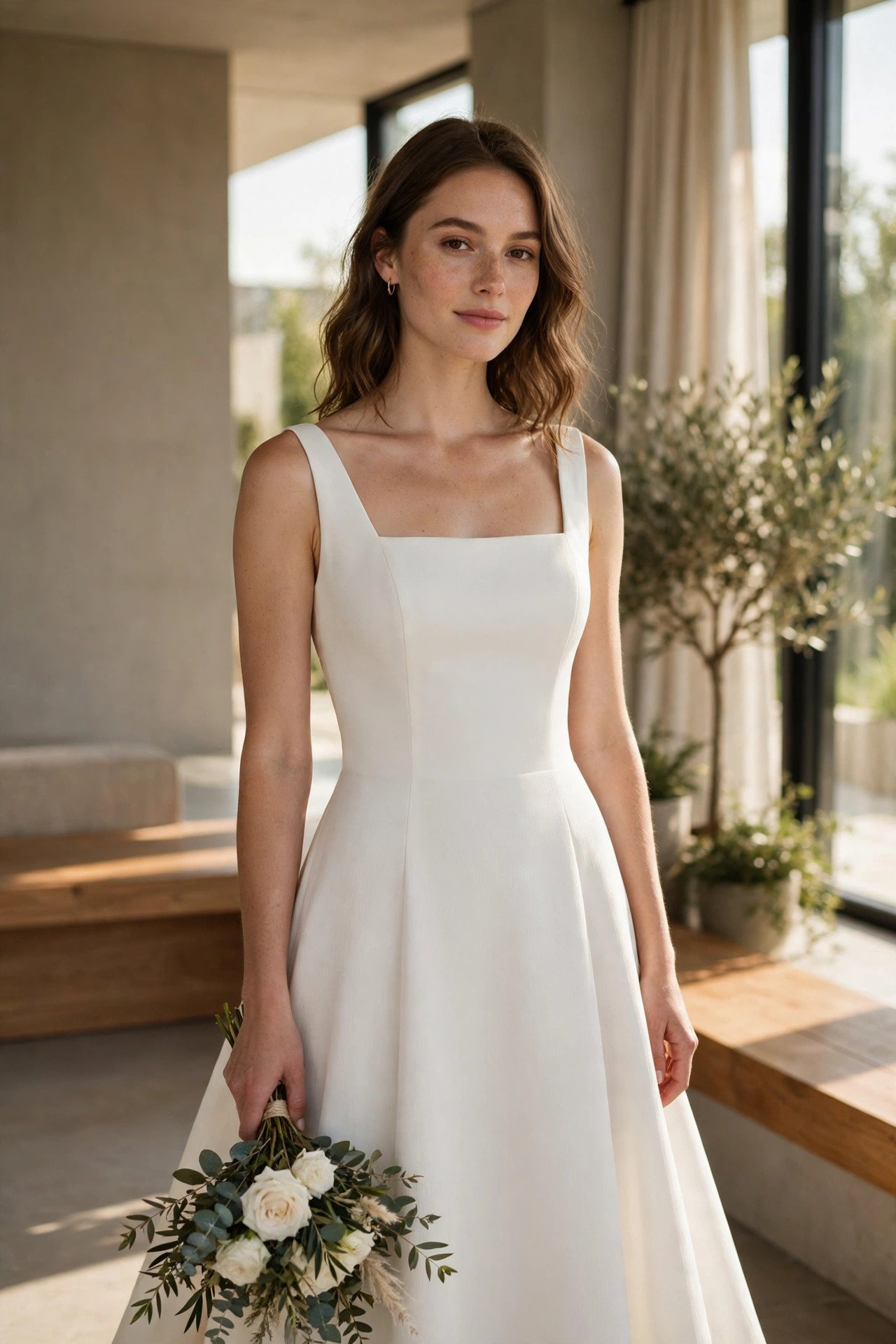 Crepe minimalist A-line gown with square lines