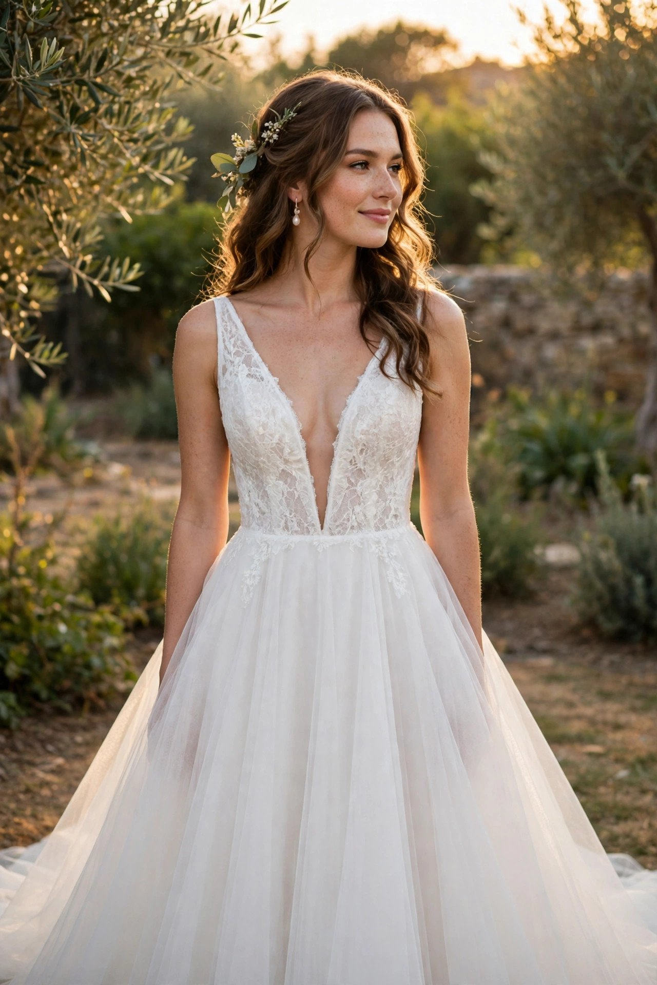 V-neck A-line gown with plunging neckline