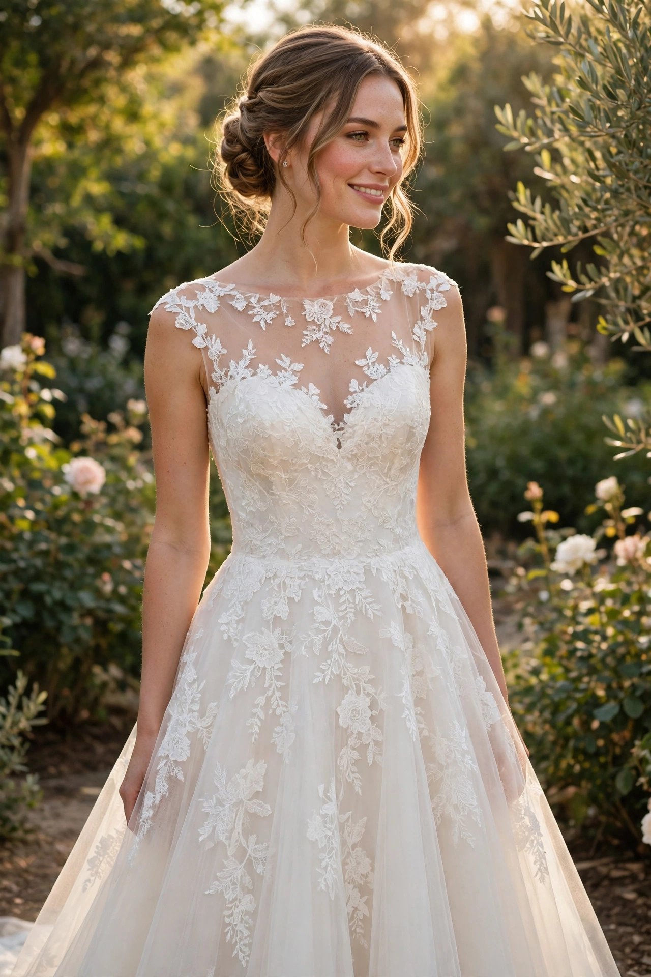 Illusion neckline A-line gown with lace