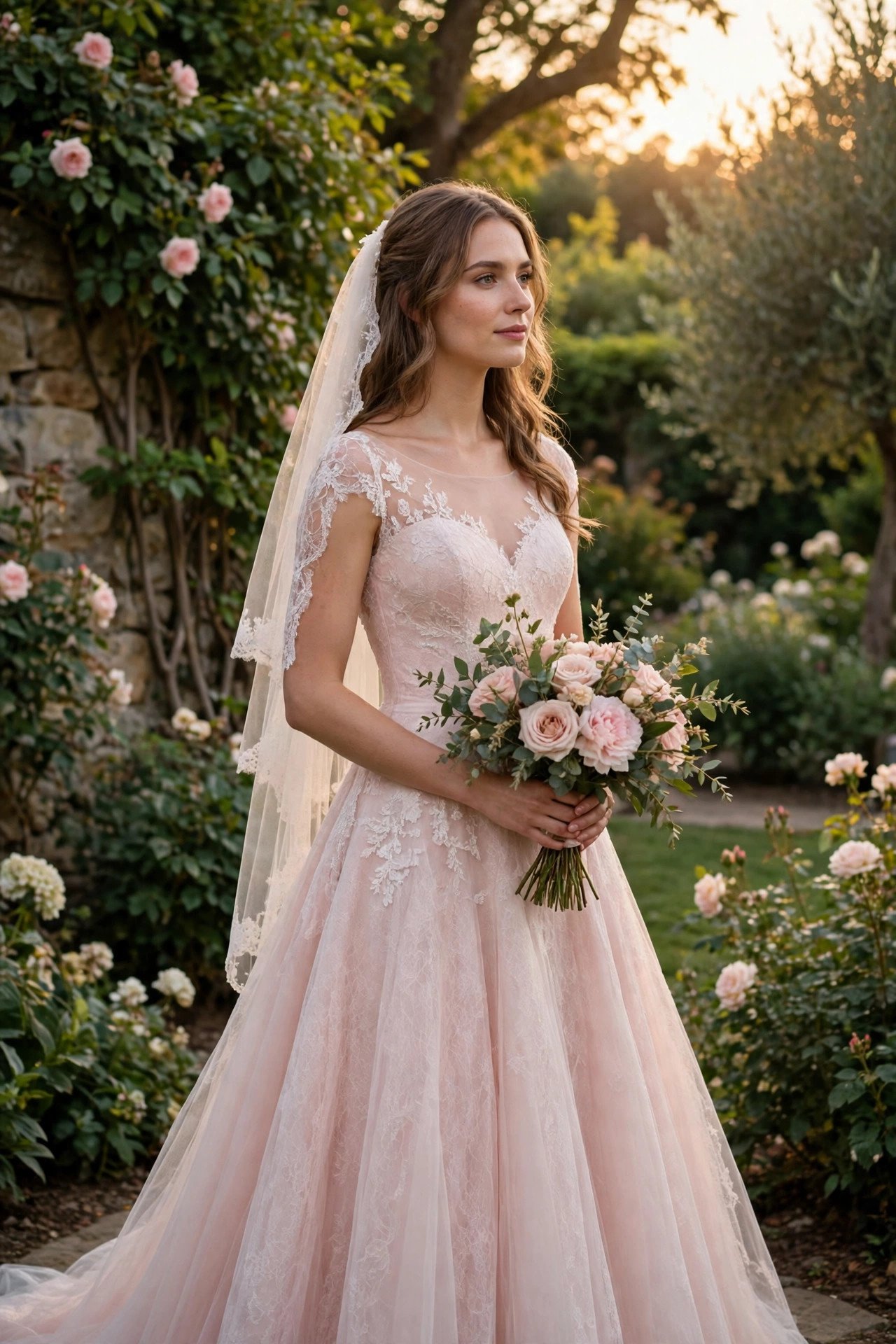 Blush A-line gown in soft evening light
