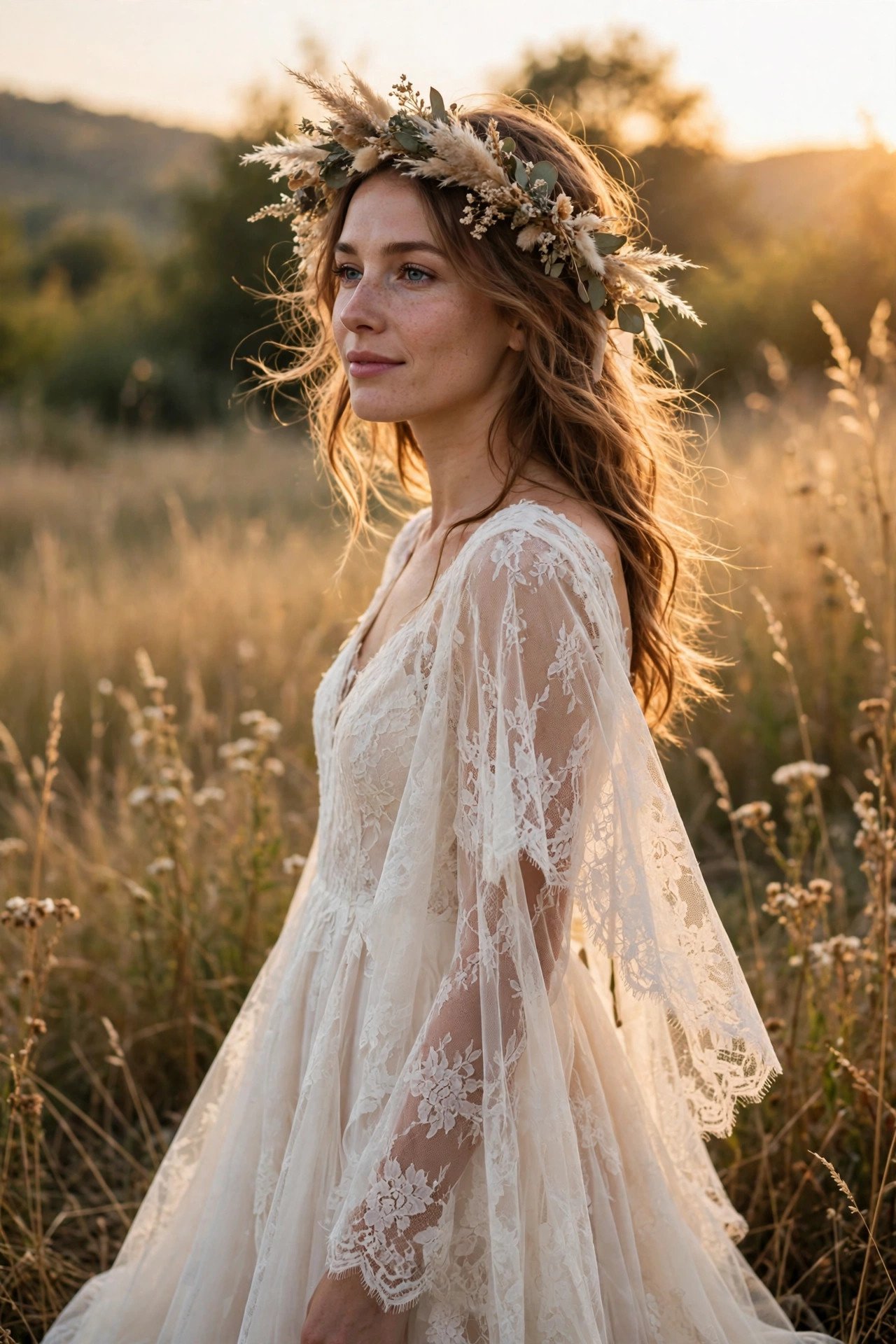 Boho A-line gown with soft lace and flow