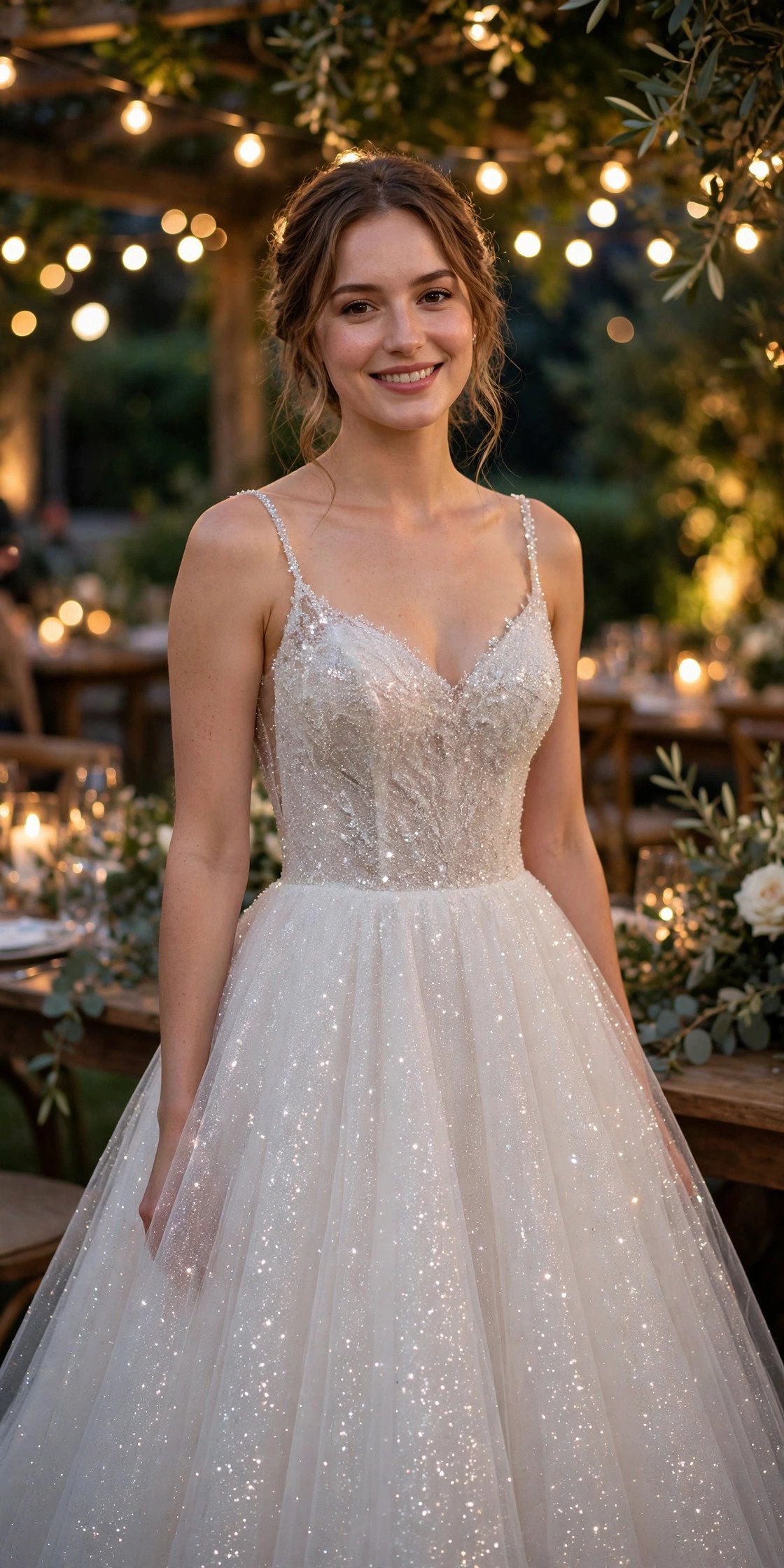 Sparkle tulle A-line gown under lights