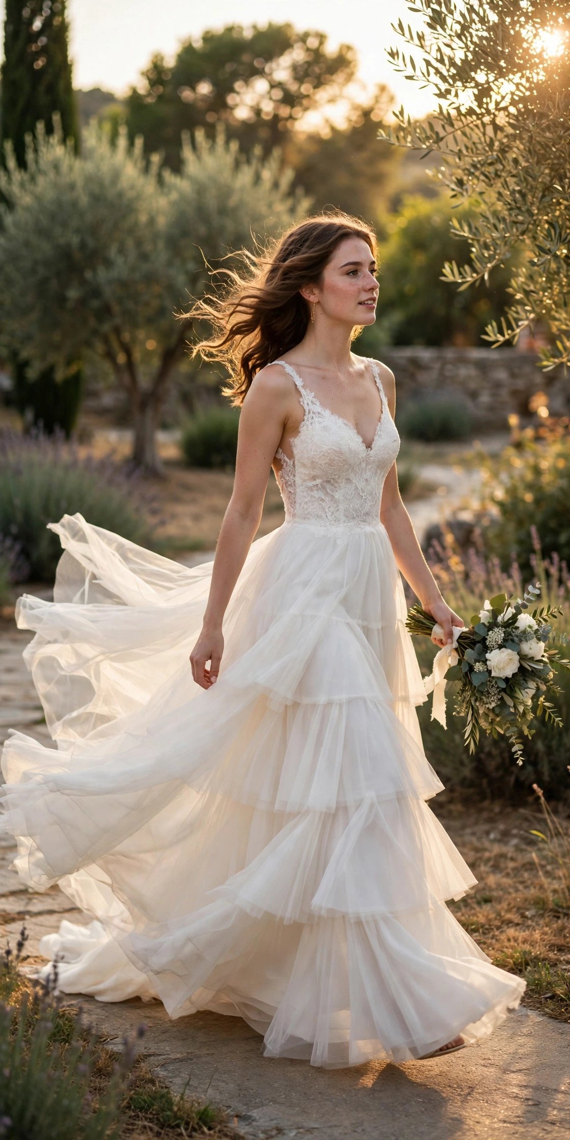 Tiered skirt A-line gown in motion
