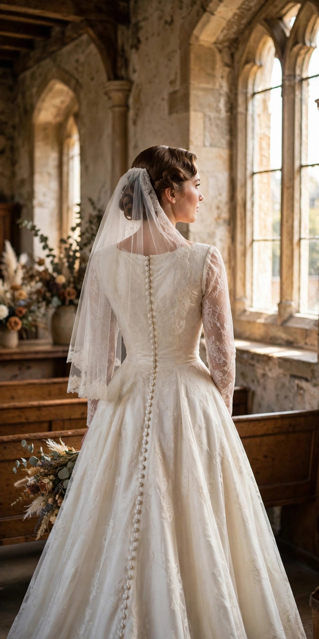 Vintage inspired A-line gown with buttons