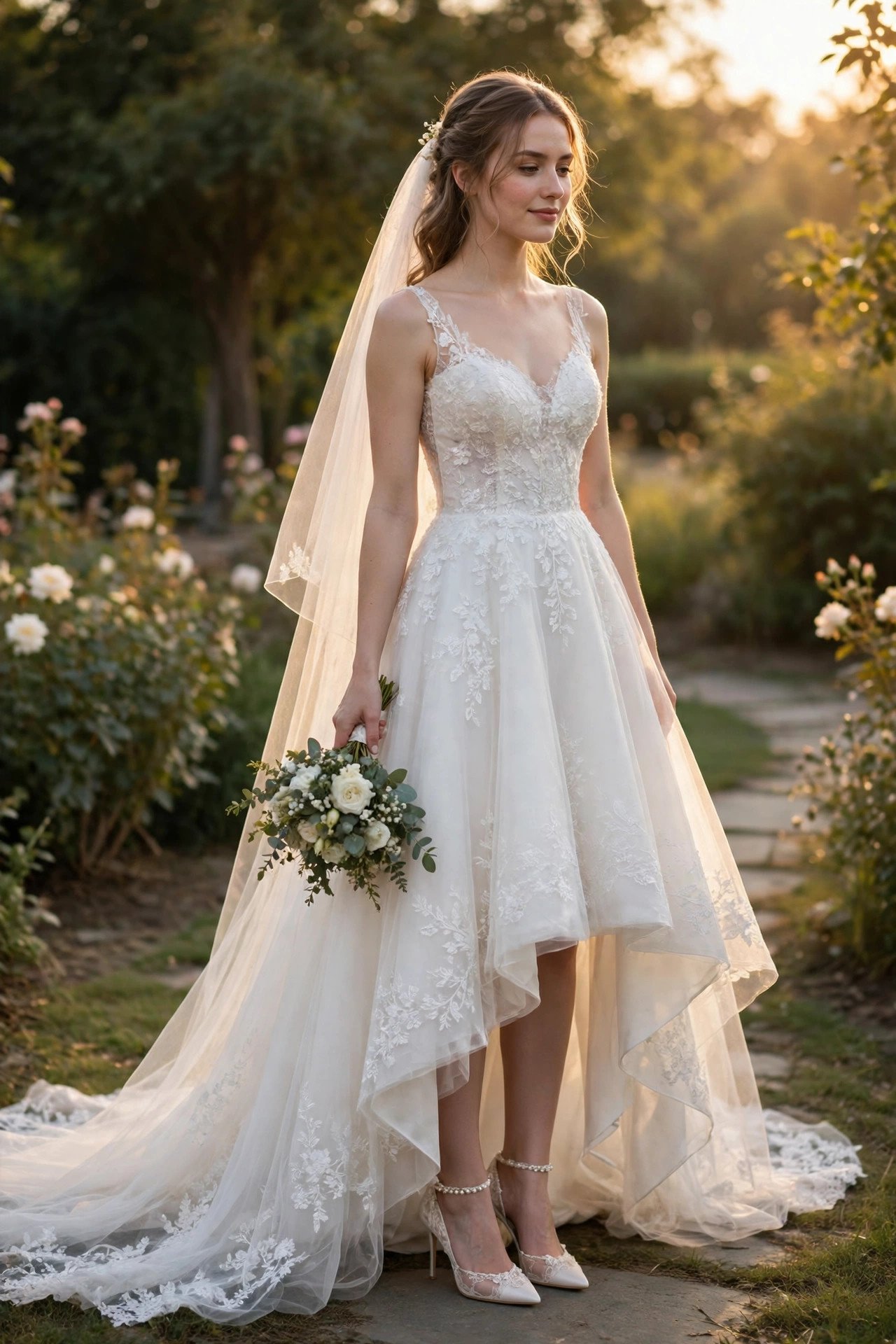 High-low A-line gown showing shoes in front