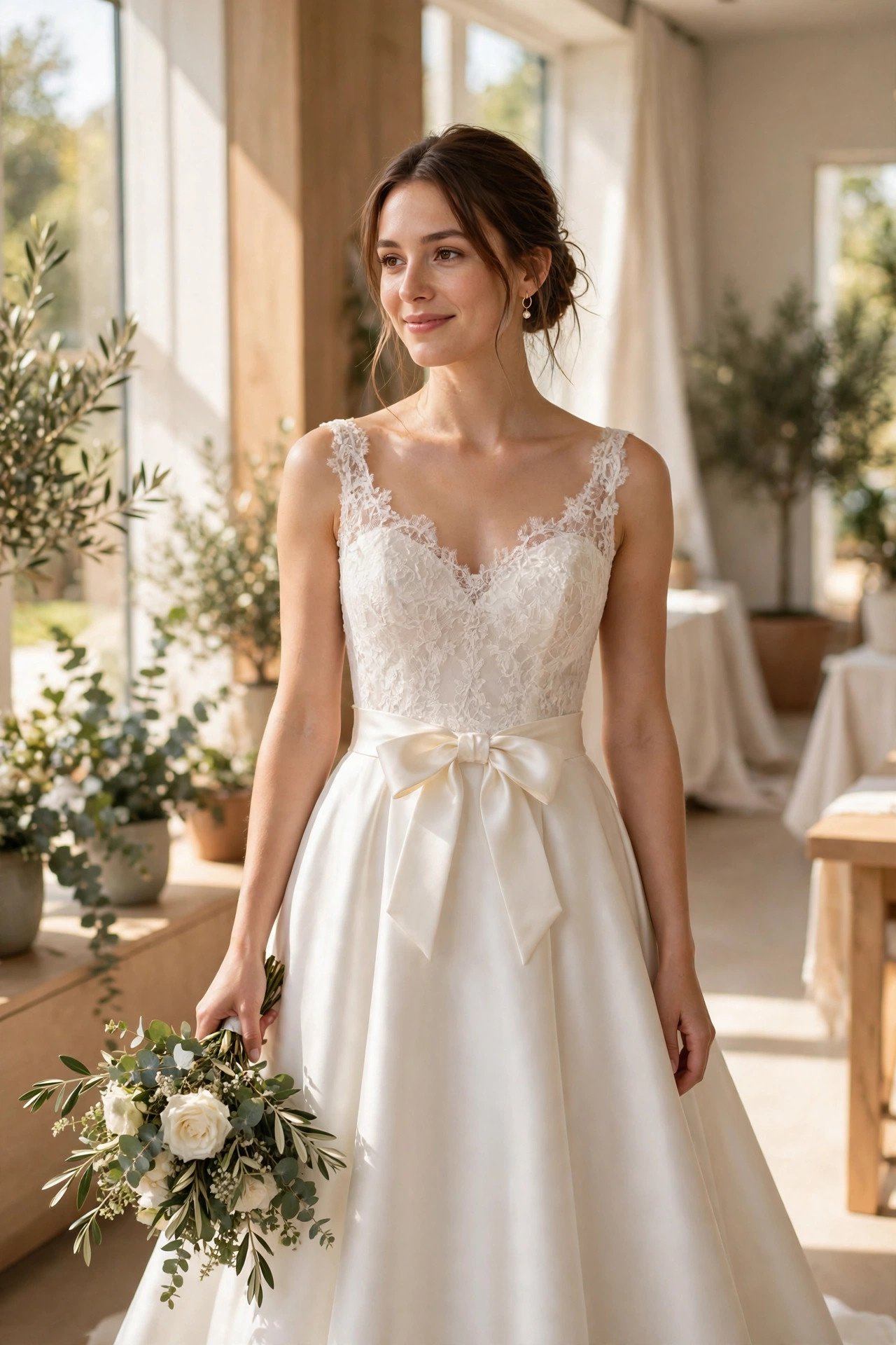 A-line gown with a satin bow at the waist