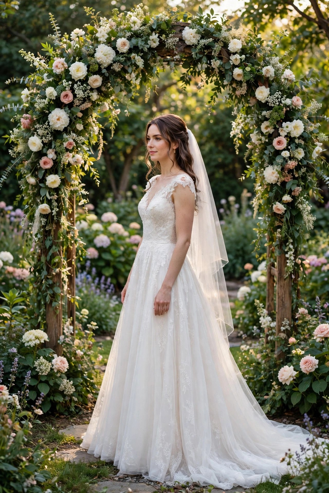 A-line gown in a garden ceremony setting