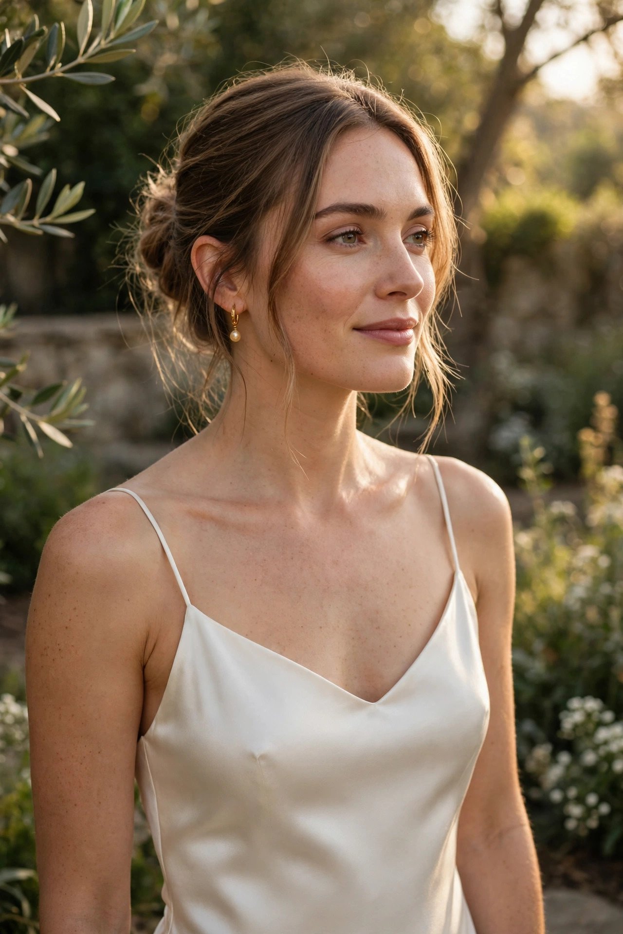Bride in an ivory silk slip wedding dress